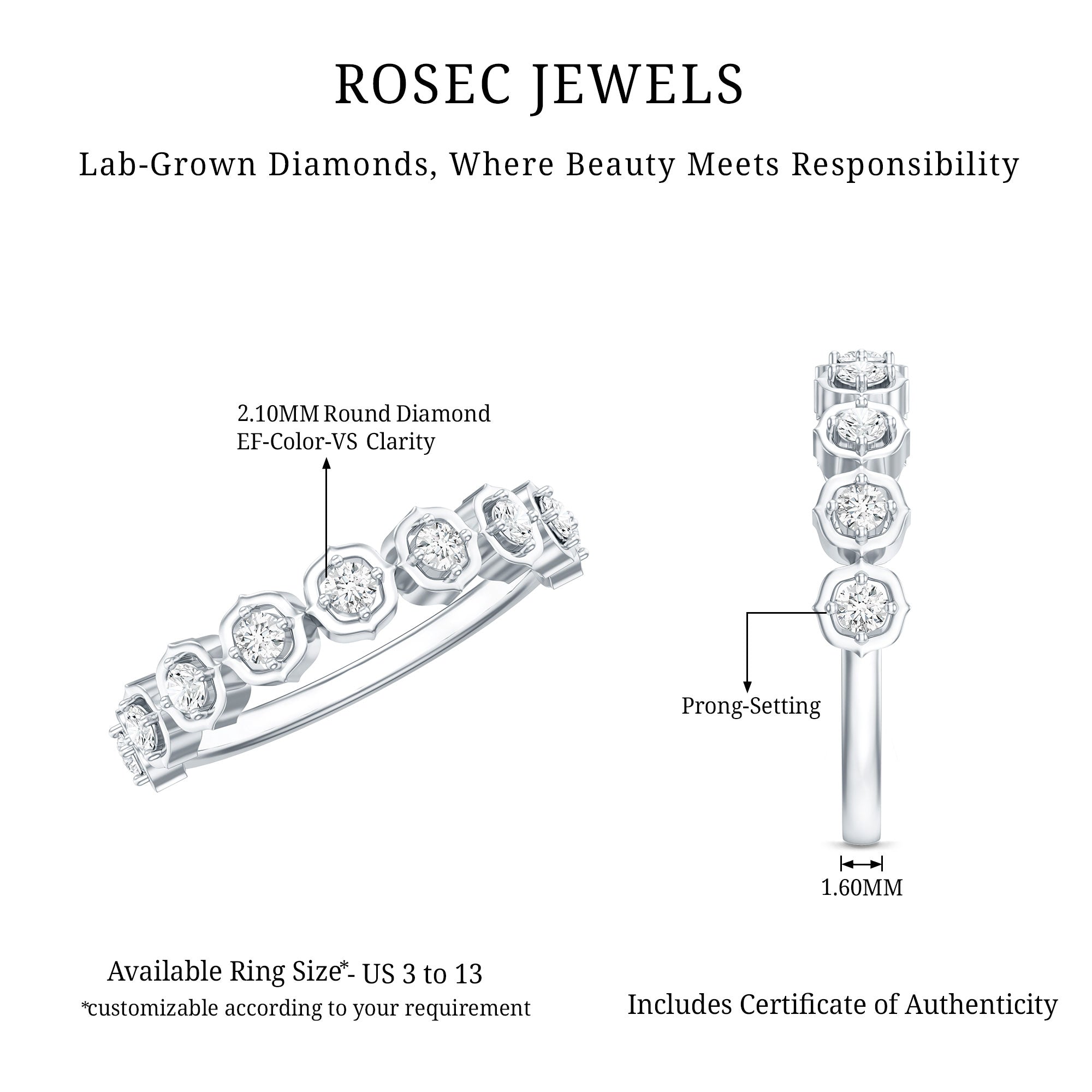 Certified Lab Grown Diamond Half Eternity Anniversary Ring Lab - ( EF-VS ) - Rosec Jewels