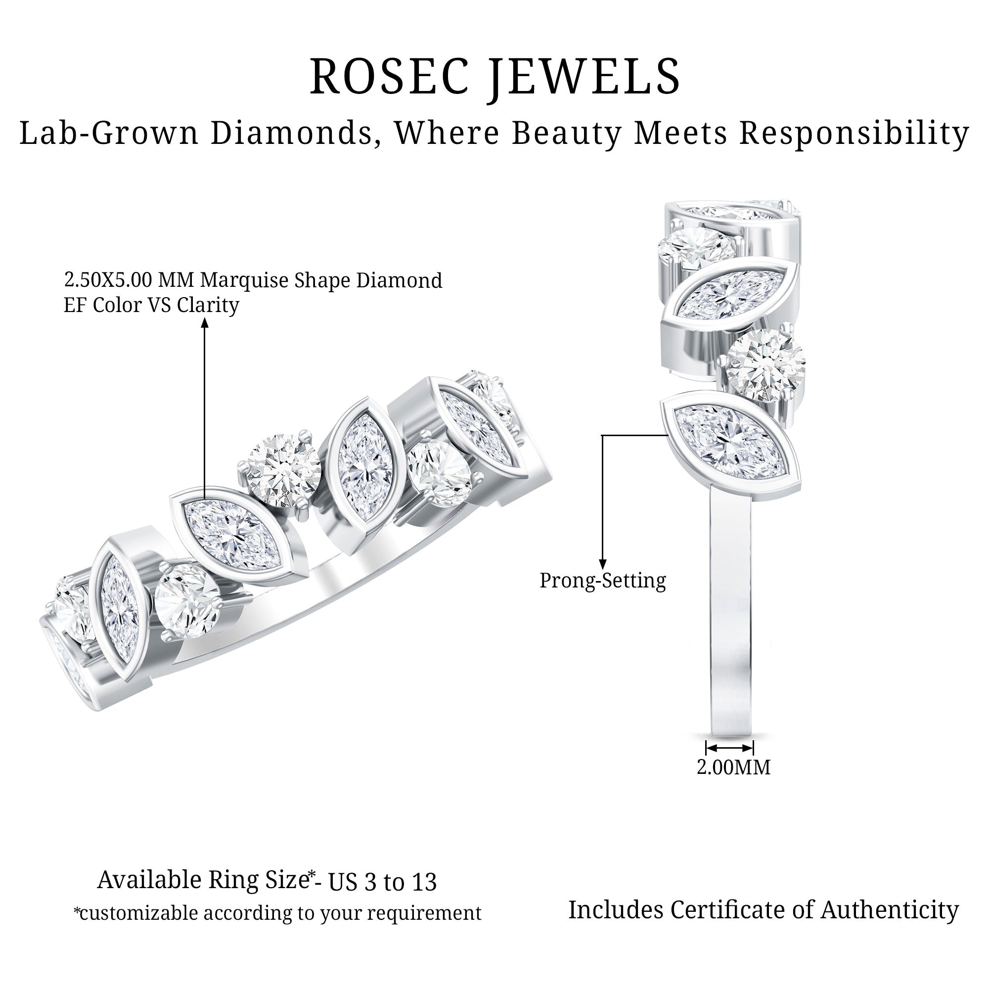 Certified Lab Grown Diamond Half Eternity Anniversary Ring For Women Lab - ( EF-VS ) - Rosec Jewels