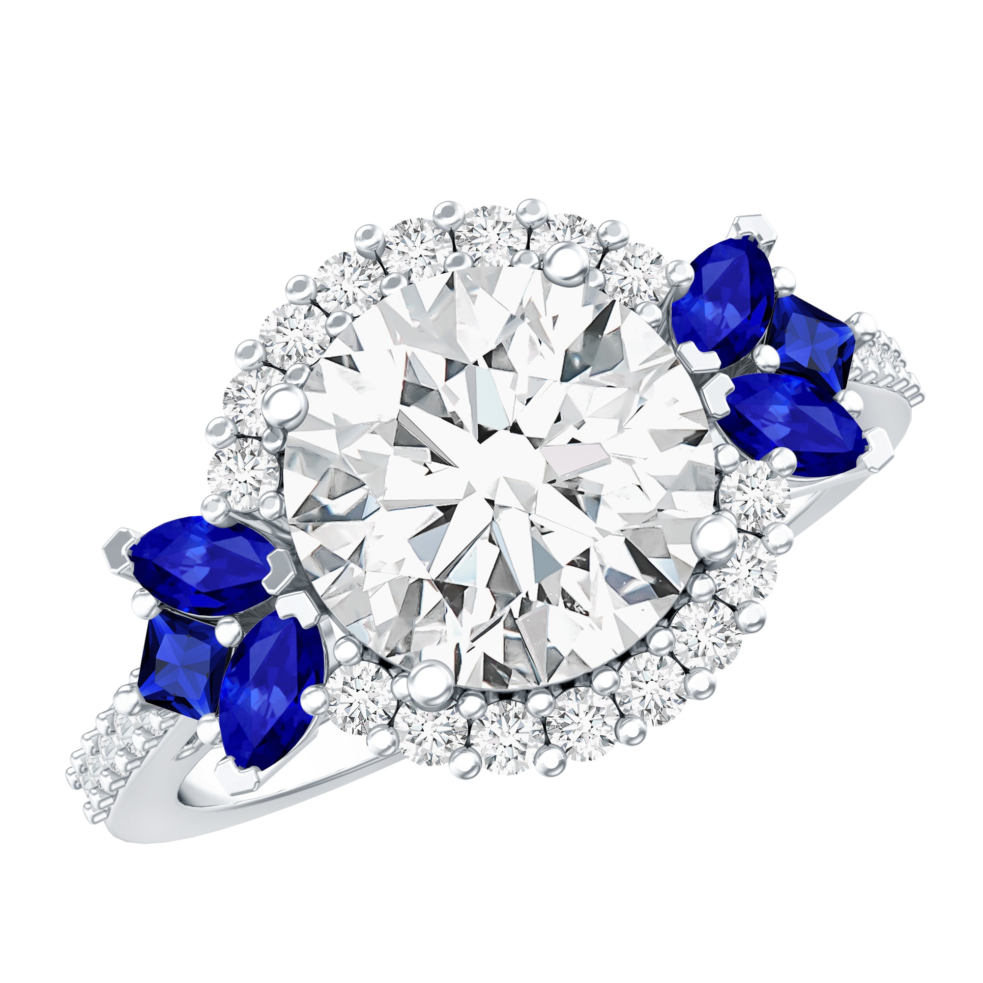 9 mm Lab Grown Diamond Halo Engagement Ring With Blue Sapphire Lab - ( EF-VS ) - Rosec Jewels