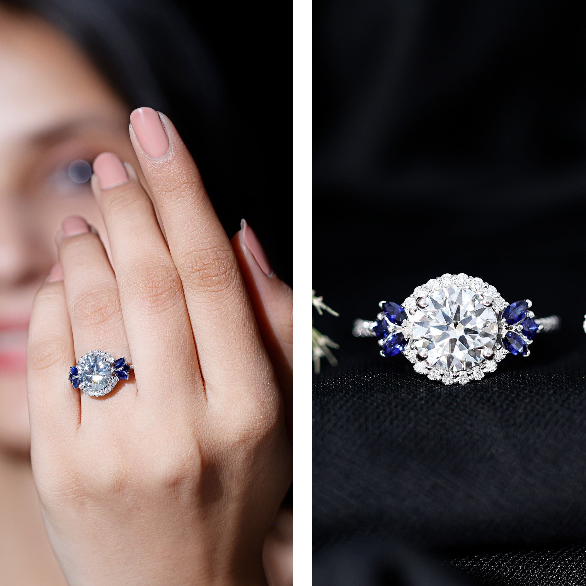 3 Carat Lab Grown Diamond Halo Engagement Ring With Blue Sapphire Lab - ( EF-VS ) - Rosec Jewels