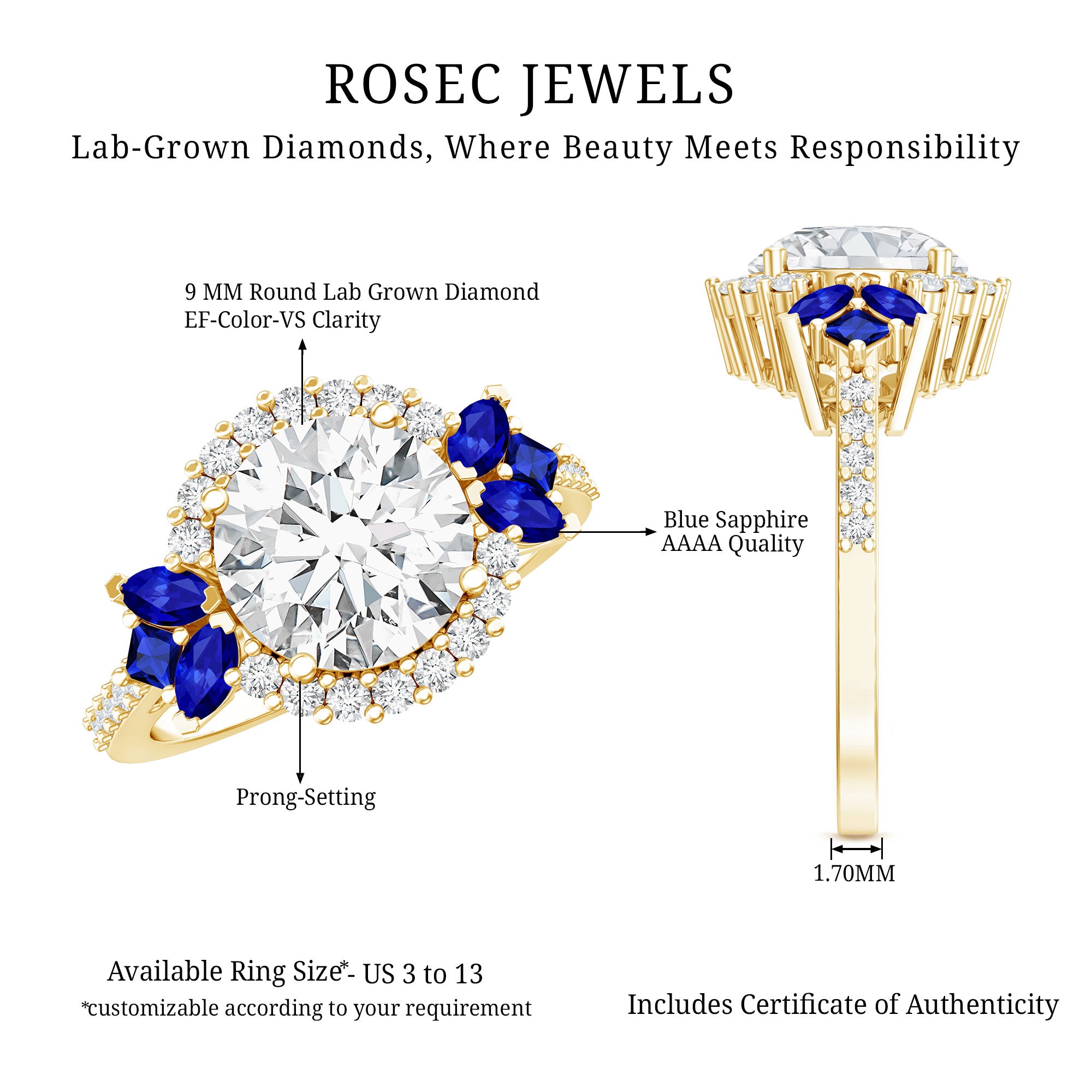 9 mm Lab Grown Diamond Halo Engagement Ring With Blue Sapphire Lab - ( EF-VS ) - Rosec Jewels