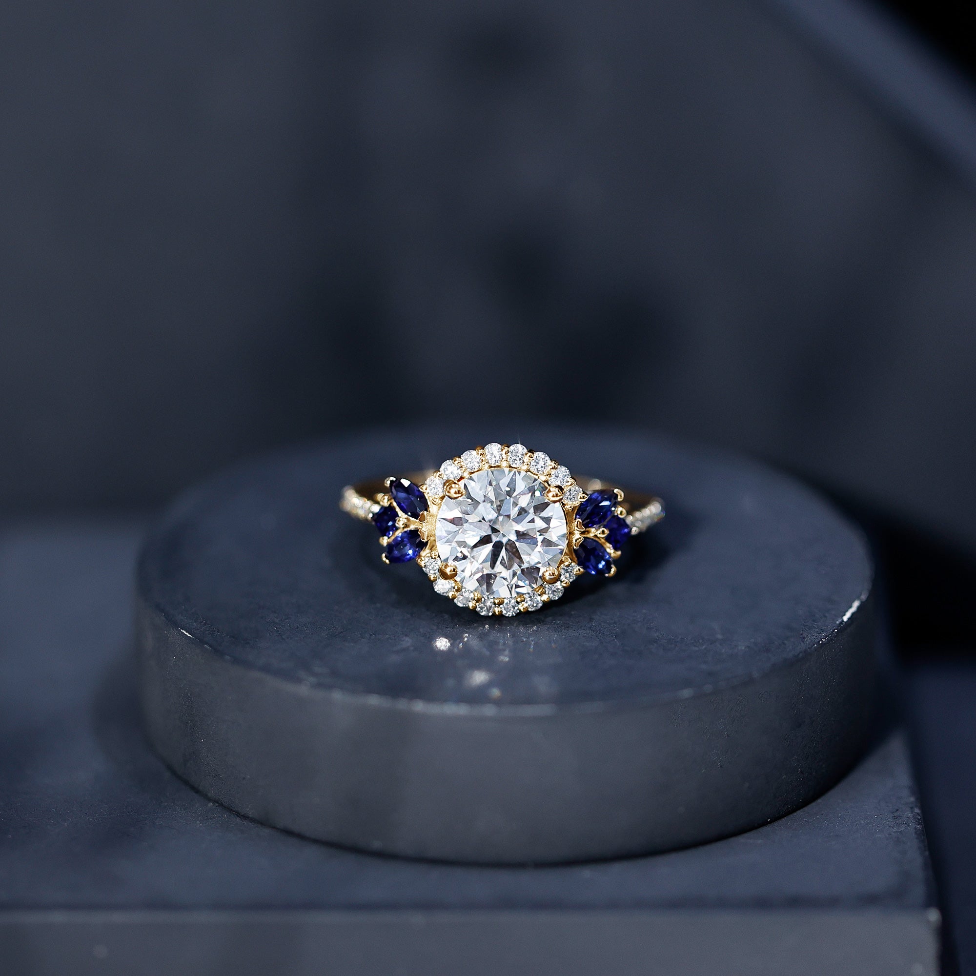 3 Carat Lab Grown Diamond Halo Engagement Ring With Blue Sapphire Lab - ( EF-VS ) - Rosec Jewels