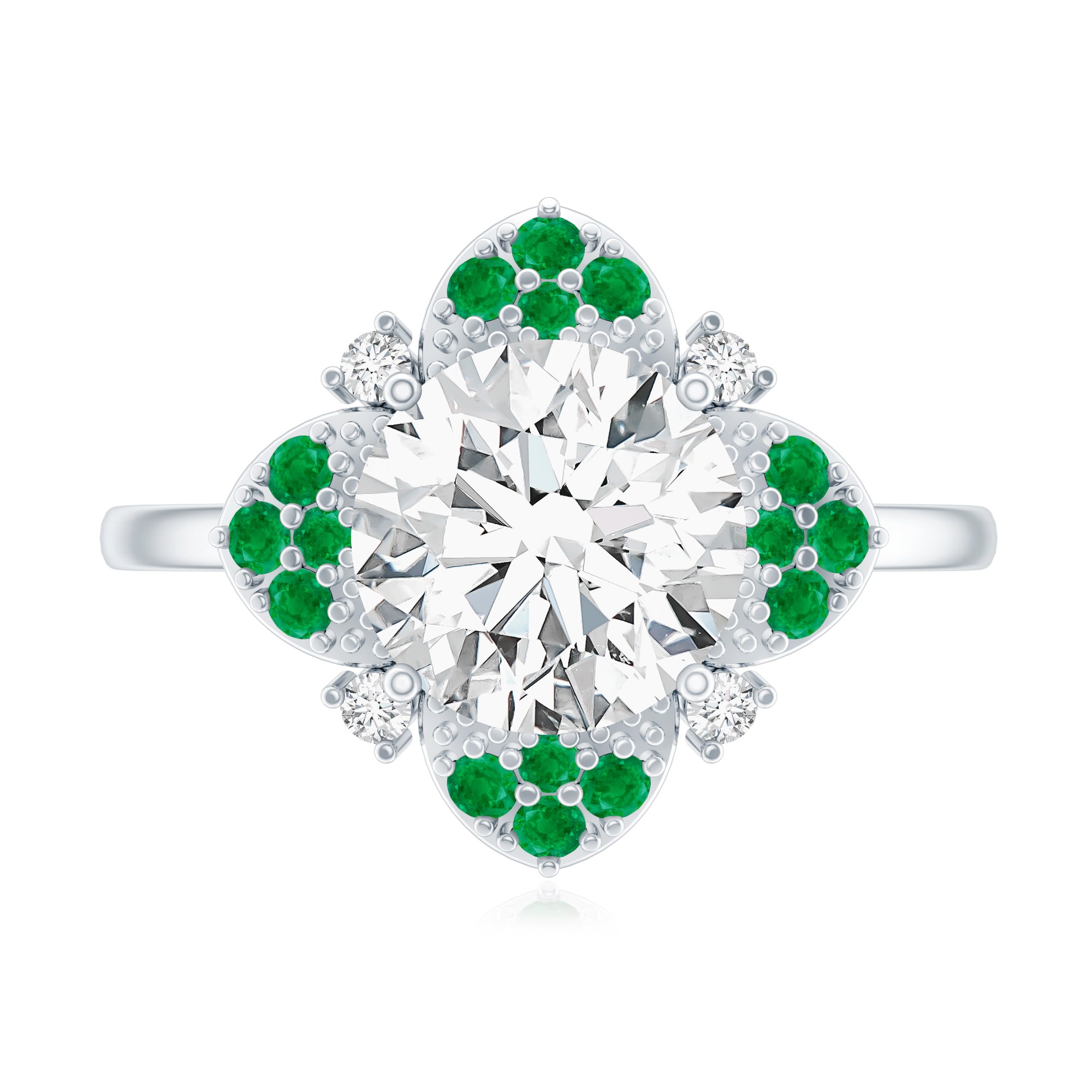 Certified Lab Grown Diamond Flower Engagement Ring With Emerald Lab - ( EF-VS ) - Rosec Jewels