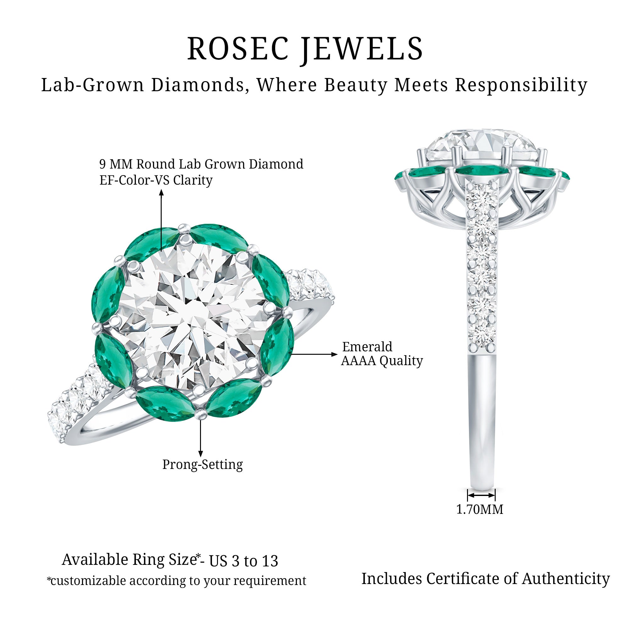 Certified Lab 9 mm Diamond Emerald Designer Engagement Ring Lab - ( EF-VS ) - Rosec Jewels