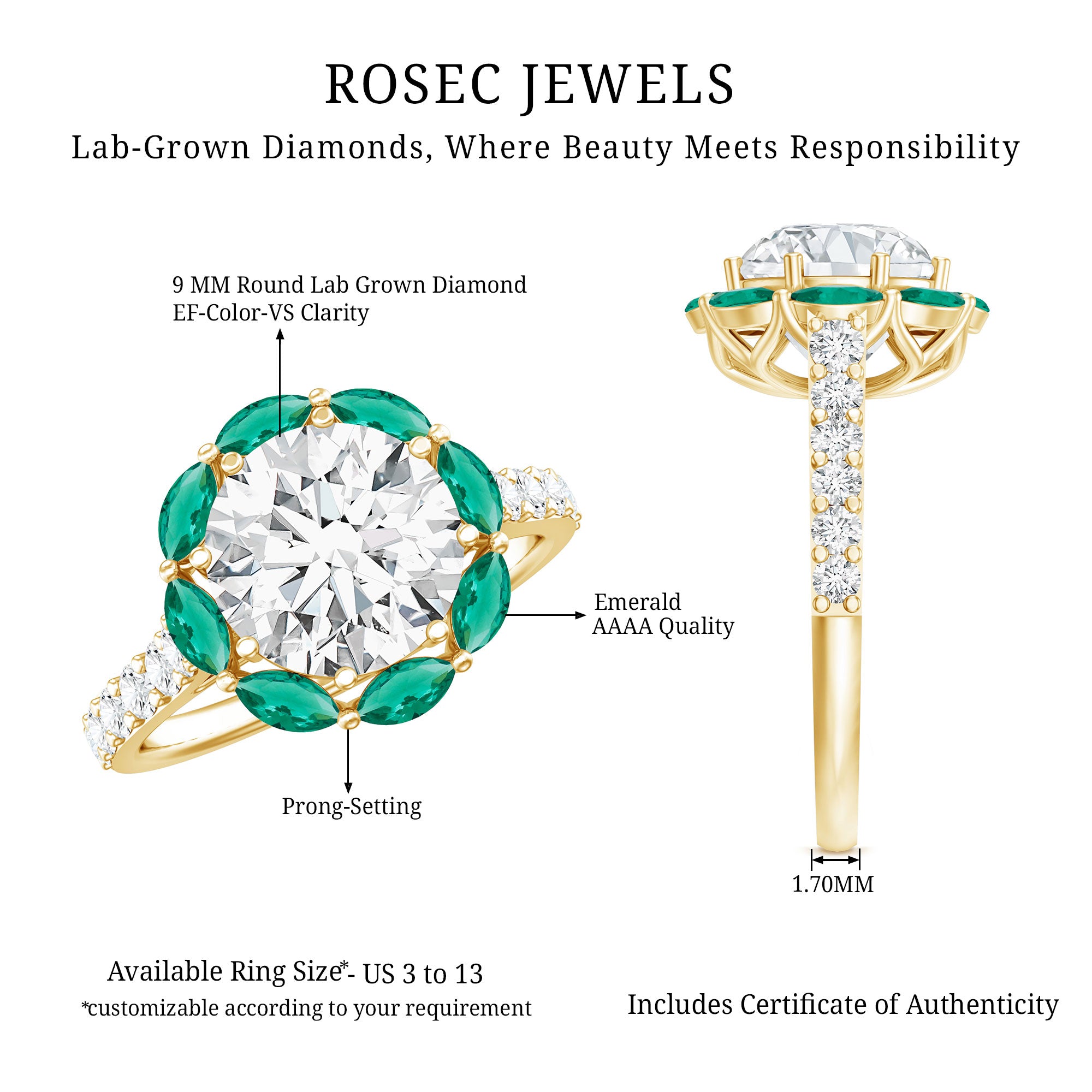 Certified Lab 9 mm Diamond Emerald Designer Engagement Ring Lab - ( EF-VS ) - Rosec Jewels