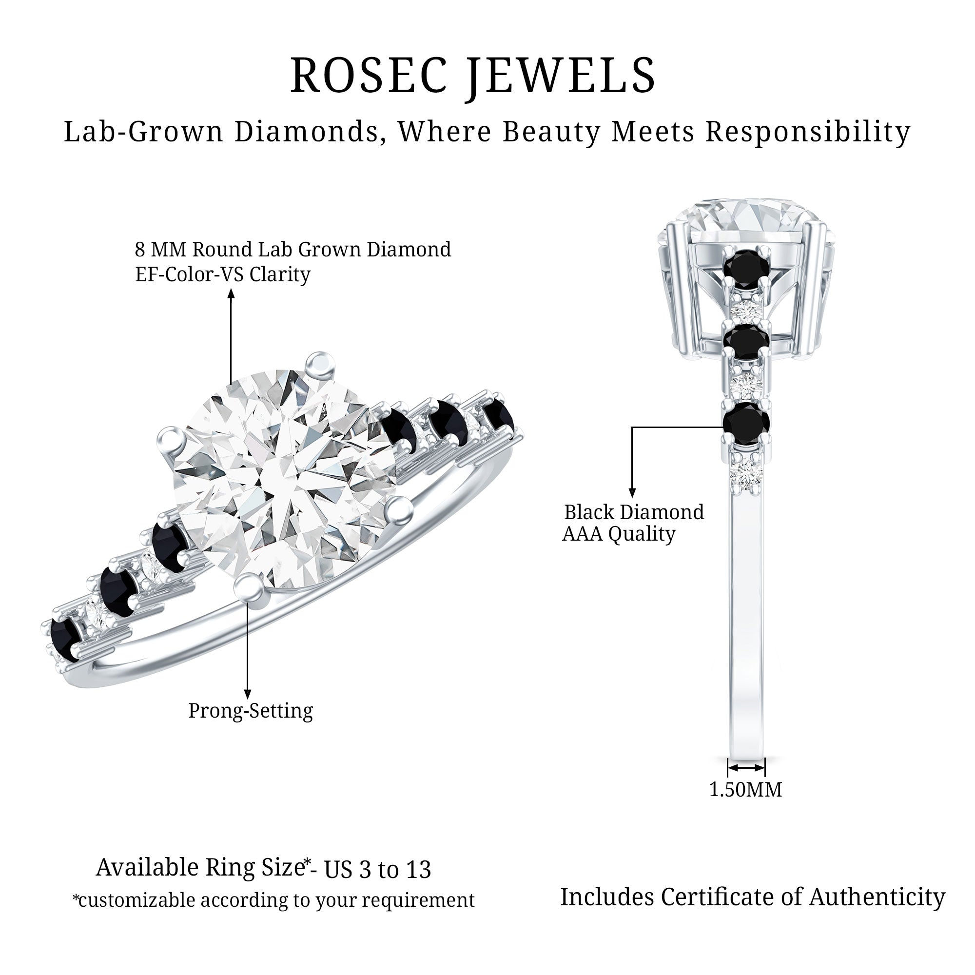 Lab Grown Diamond Designer Engagement Ring with Black Diamond Lab - ( EF-VS ) - Rosec Jewels