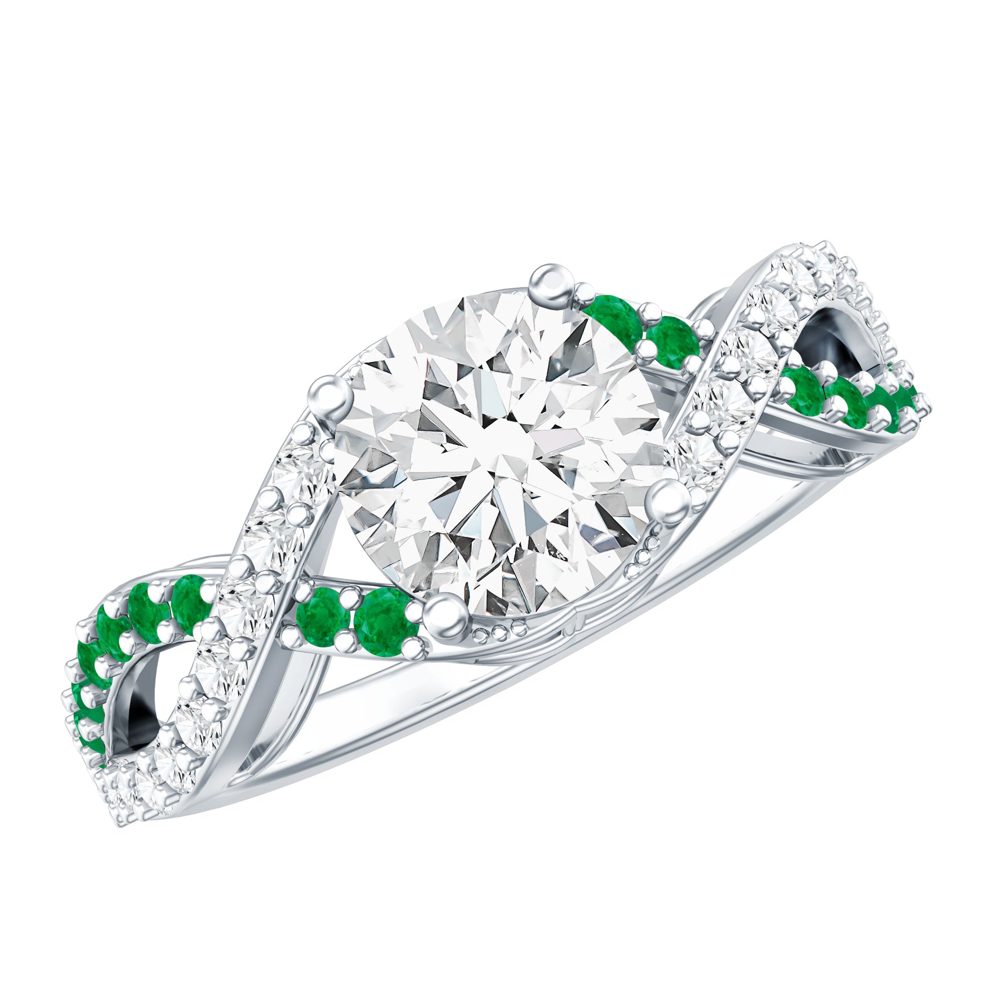 Lab Grown Diamond Crossover Engagement Ring with Emerald