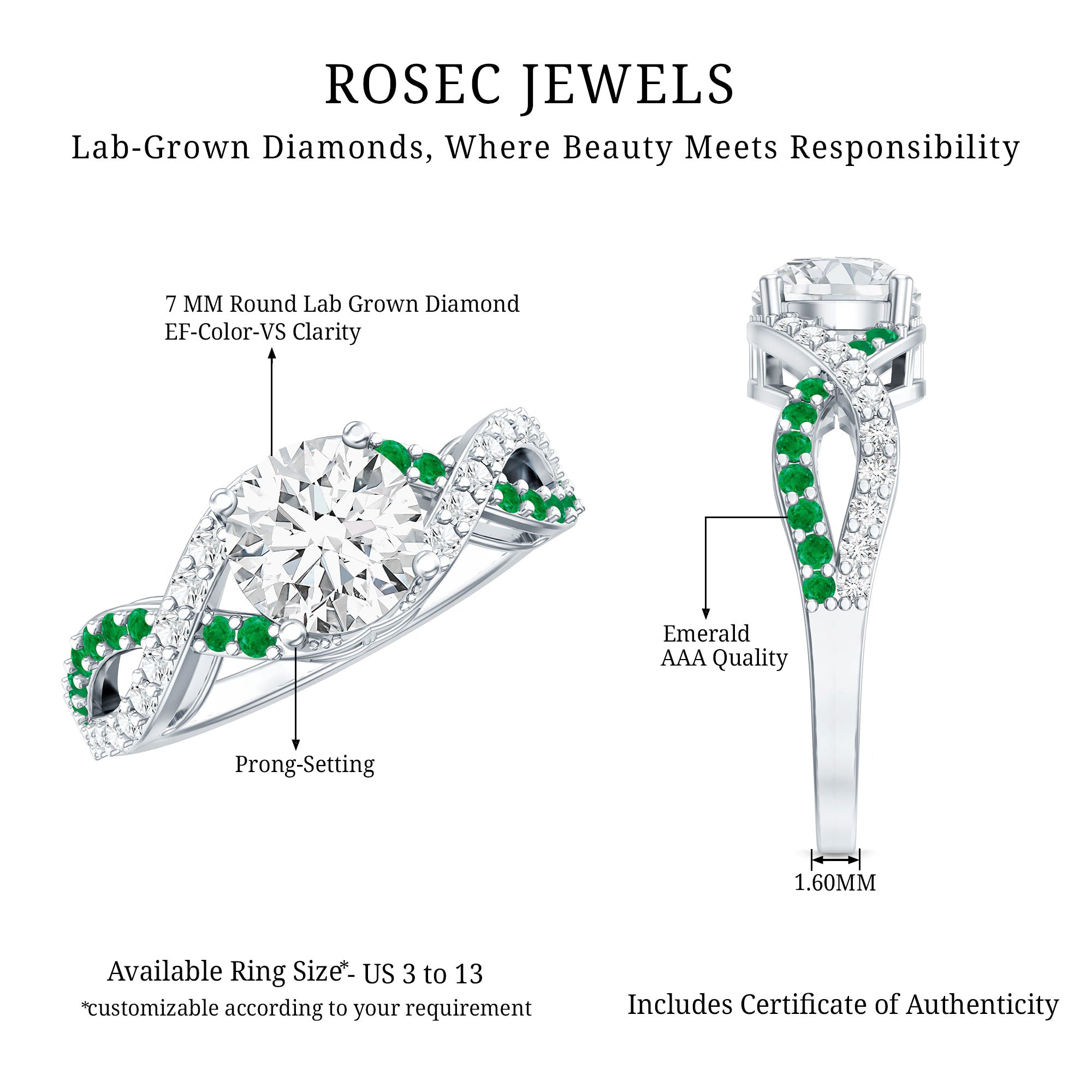 Lab Grown Diamond Crossover Engagement Ring with Emerald Lab - ( EF-VS ) - Rosec Jewels