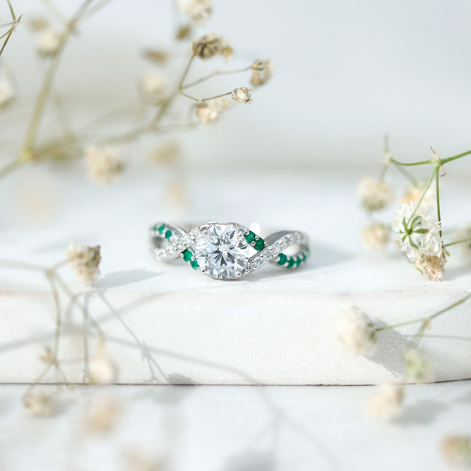 Lab Grown Diamond Crossover Engagement Ring with Emerald Lab - ( EF-VS ) - Rosec Jewels