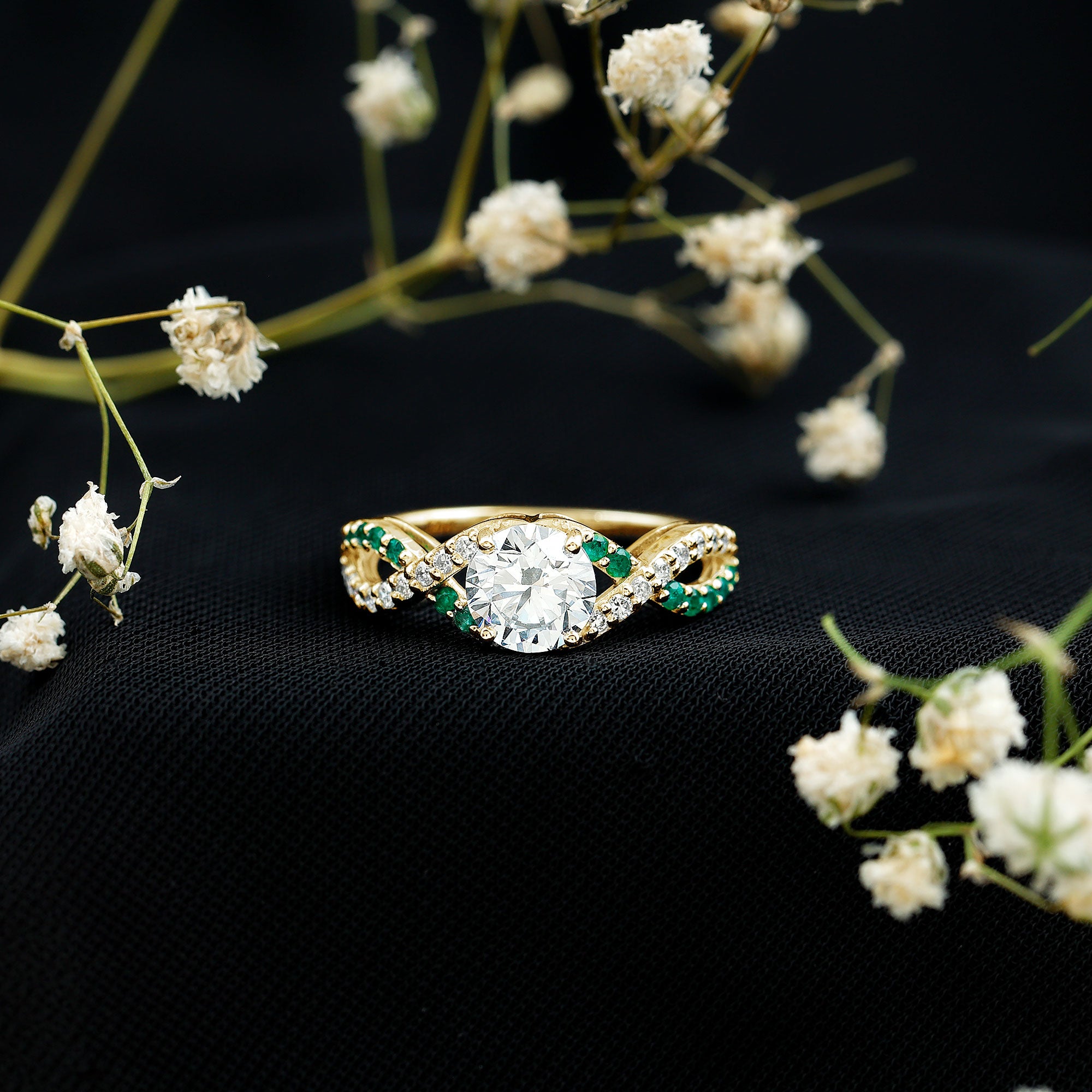 Lab Grown Diamond Crossover Engagement Ring with Emerald Lab - ( EF-VS ) - Rosec Jewels