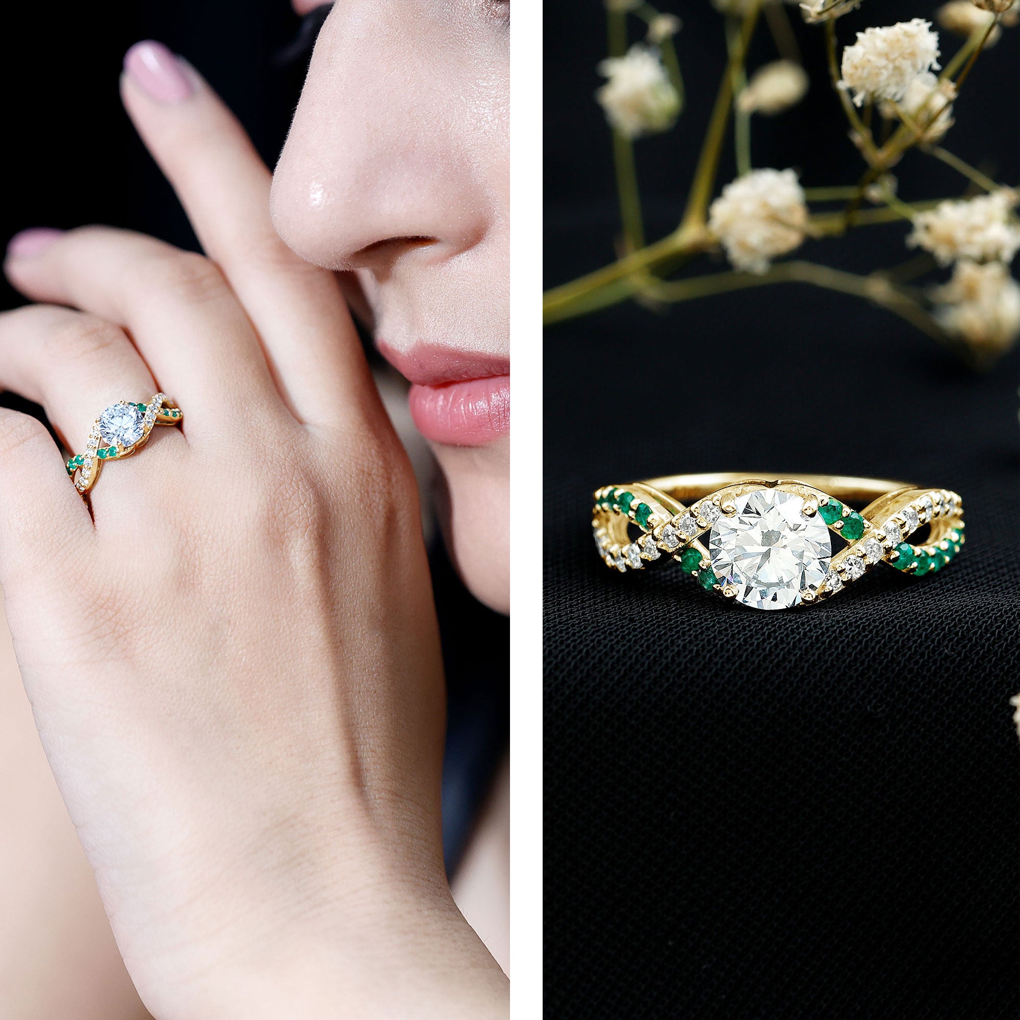 Lab Grown Diamond Crossover Engagement Ring with Emerald Lab - ( EF-VS ) - Rosec Jewels