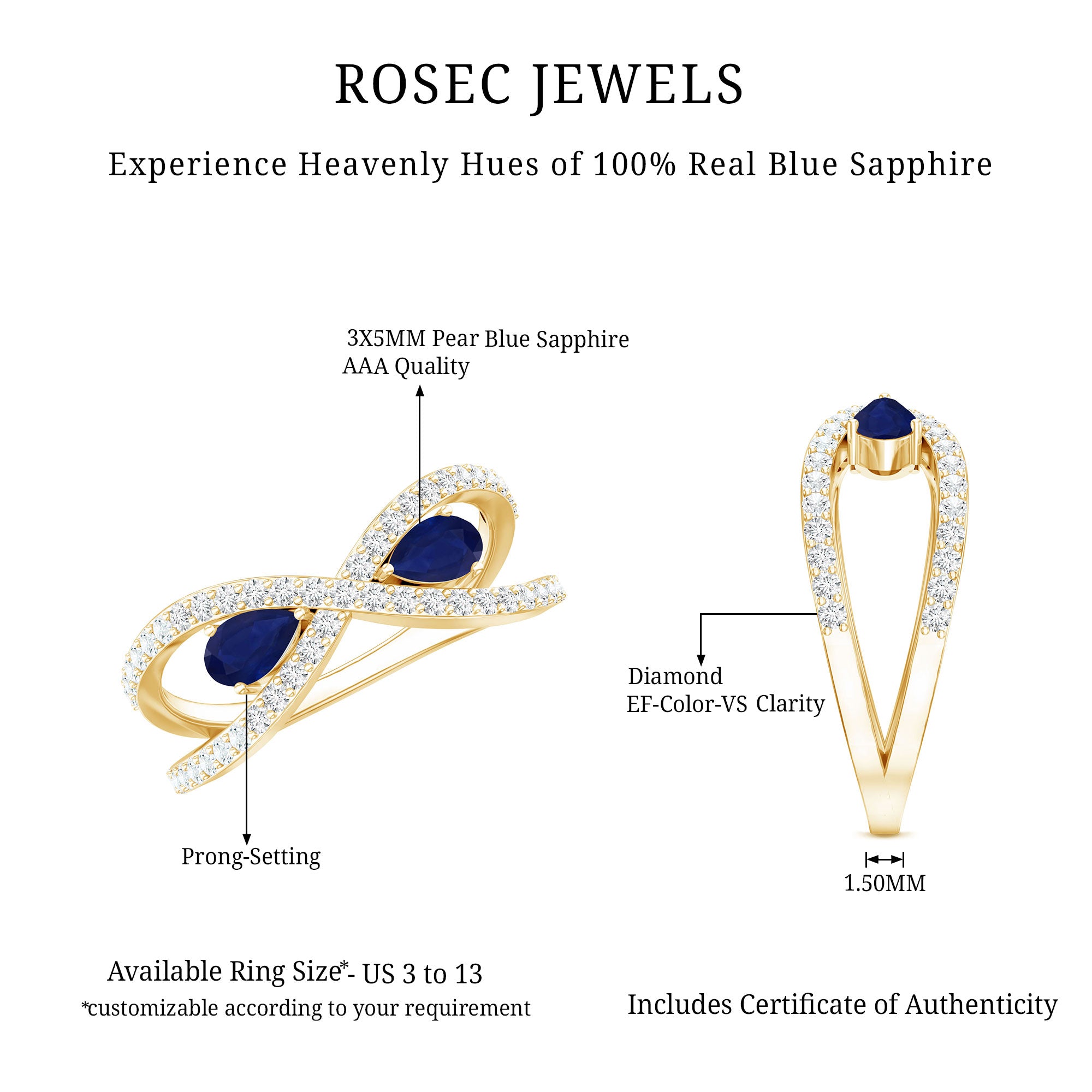 Real Pear Shape Blue Sapphire 2 Stone Engagement Ring with Diamond AAA - Rosec Jewels