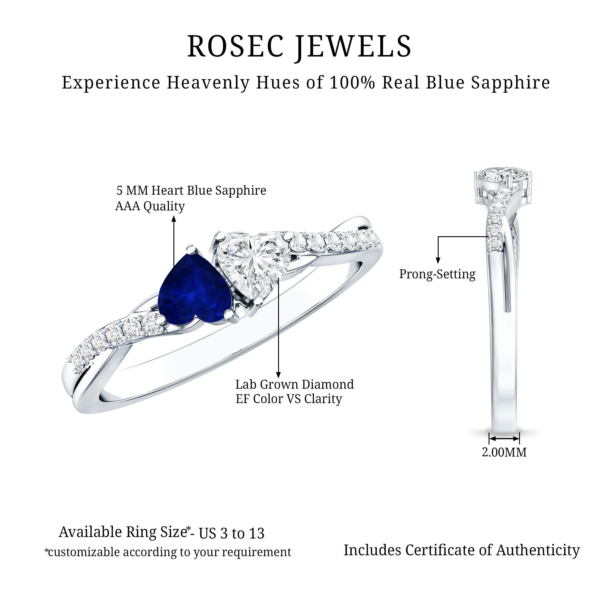 Natural Heart Shape Blue Sapphire Diamond 2 Stone Promise Ring AAA - Rosec Jewels