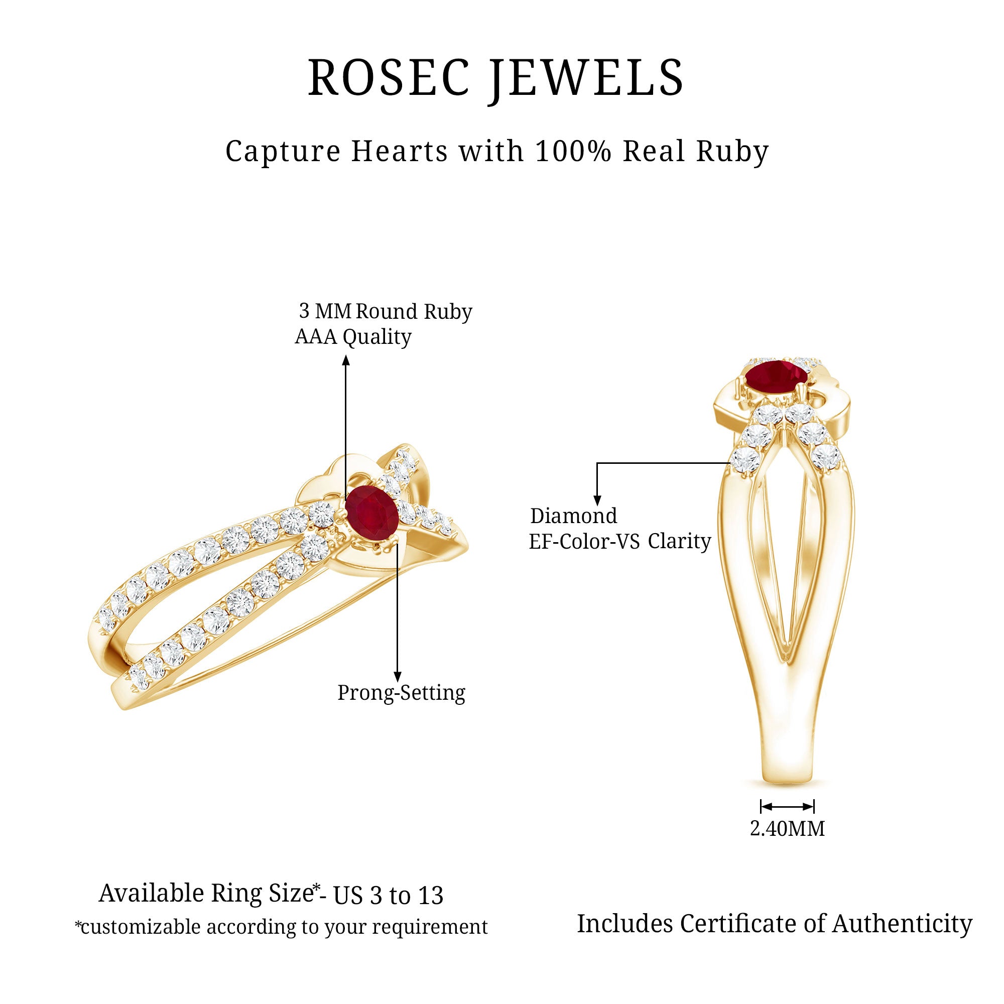 Rosec Jewels-Natural Ruby Heart Promise Ring with Diamond Split Shank