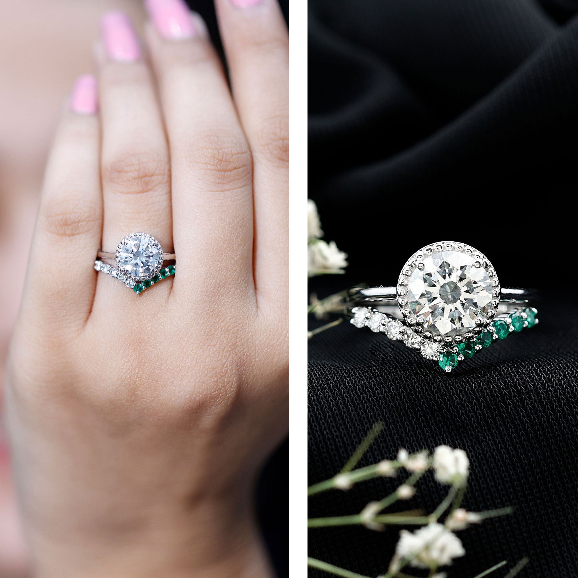 Certified Lab Grown Diamond 8 MM Engagement Ring With Emerald Enhancer Lab - ( EF-VS ) - Rosec Jewels