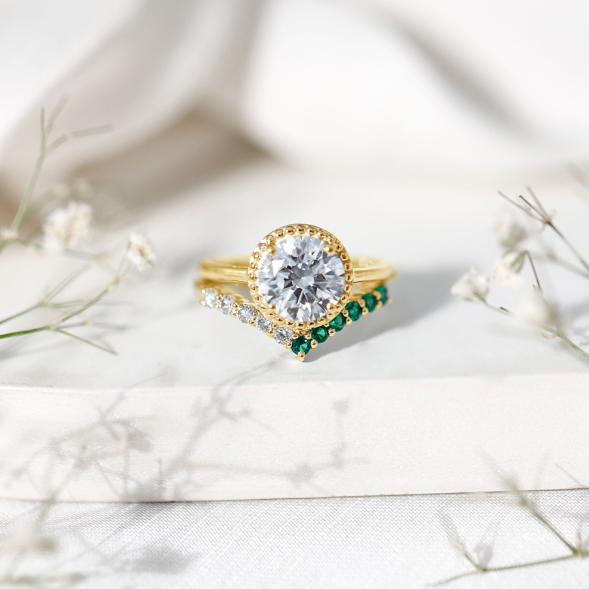 Certified Lab Grown Diamond 8 MM Engagement Ring With Emerald Enhancer Lab - ( EF-VS ) - Rosec Jewels