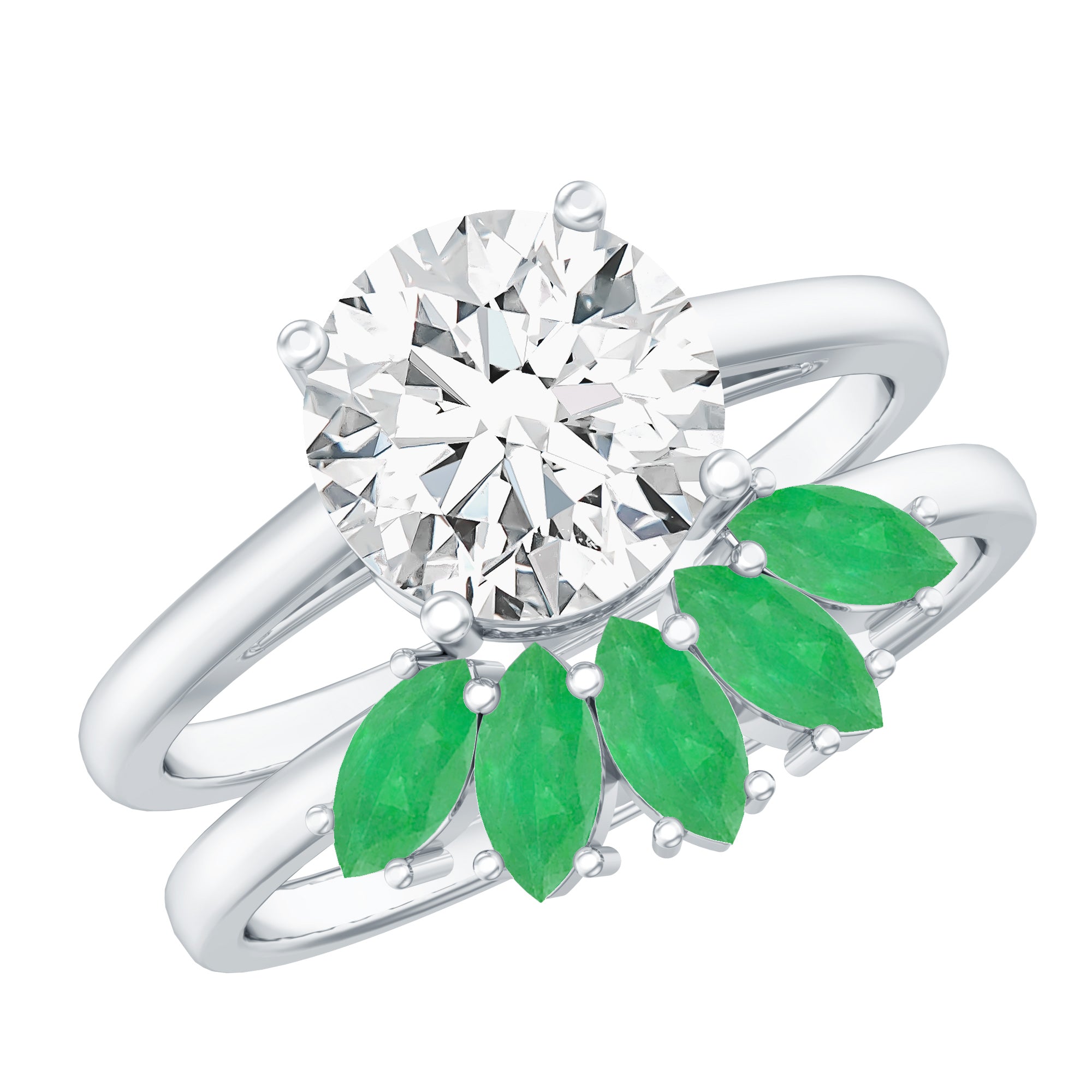 Certified 8 MM Lab Grown Diamond Engagement Ring With Emerald Wedding Band