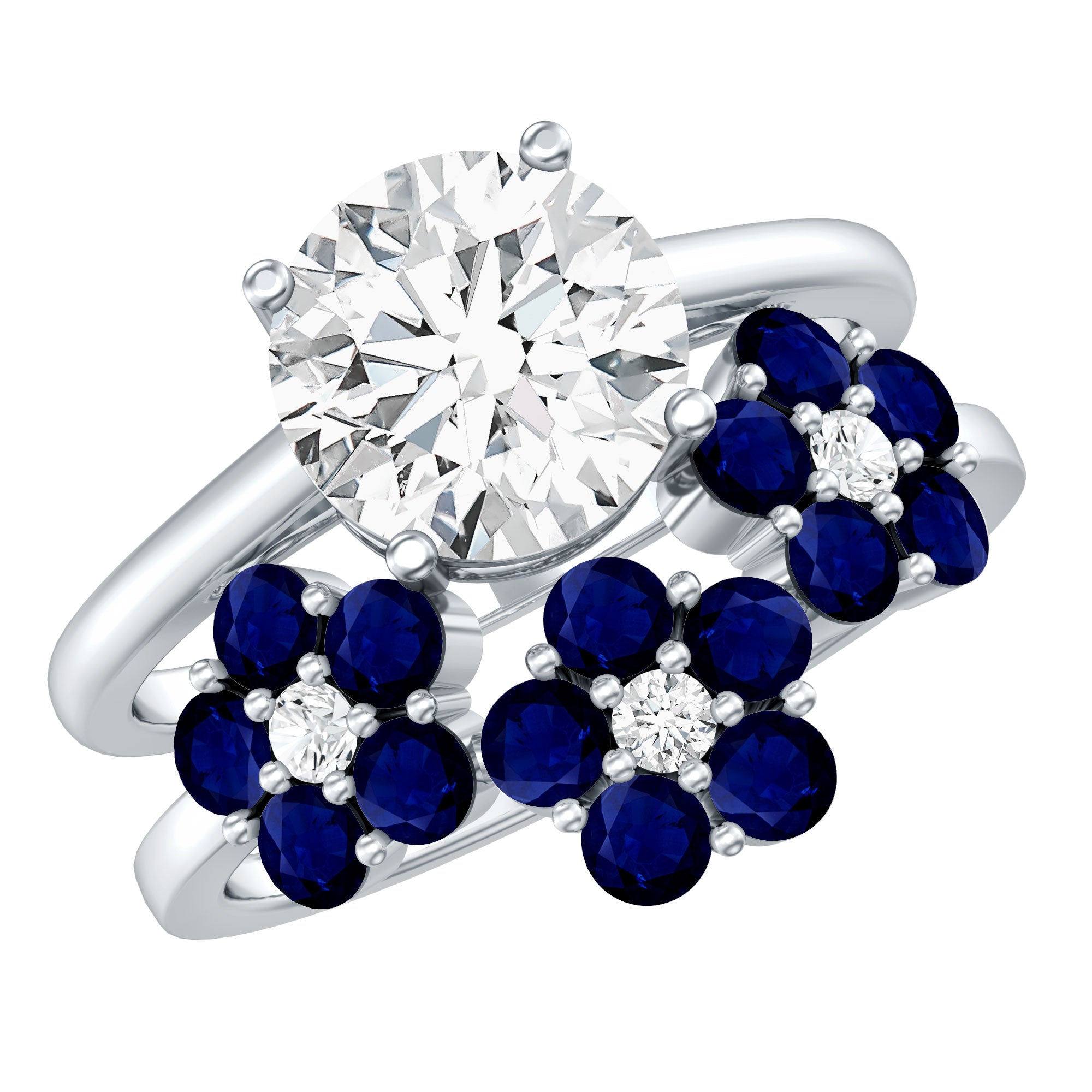 Certified Lab 8 MM Diamond Engagement Ring With Sapphire Wedding Band