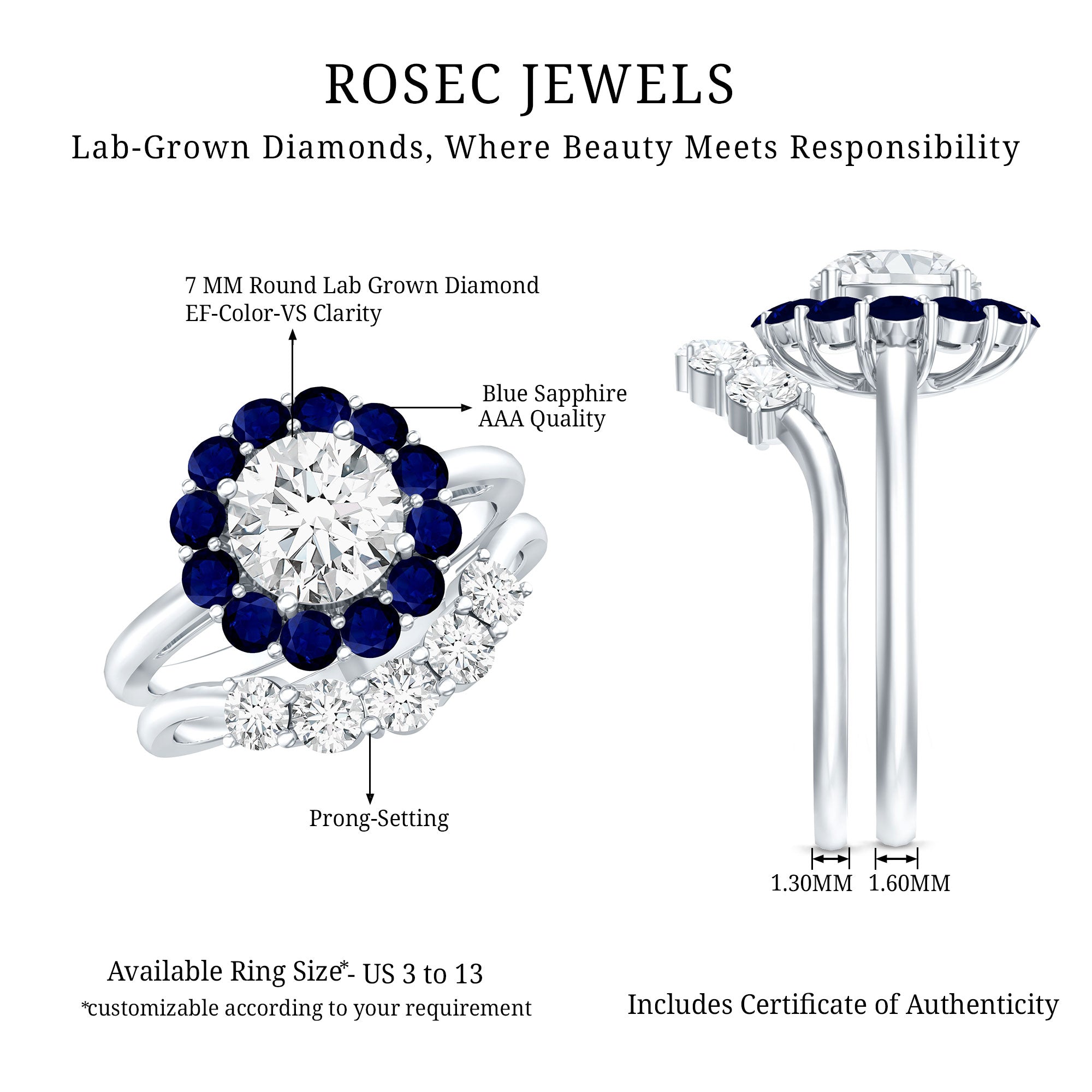 Certified 7 MM Lab Grown Diamond Engagement Ring with Enhancer Lab - ( EF-VS ) - Rosec Jewels