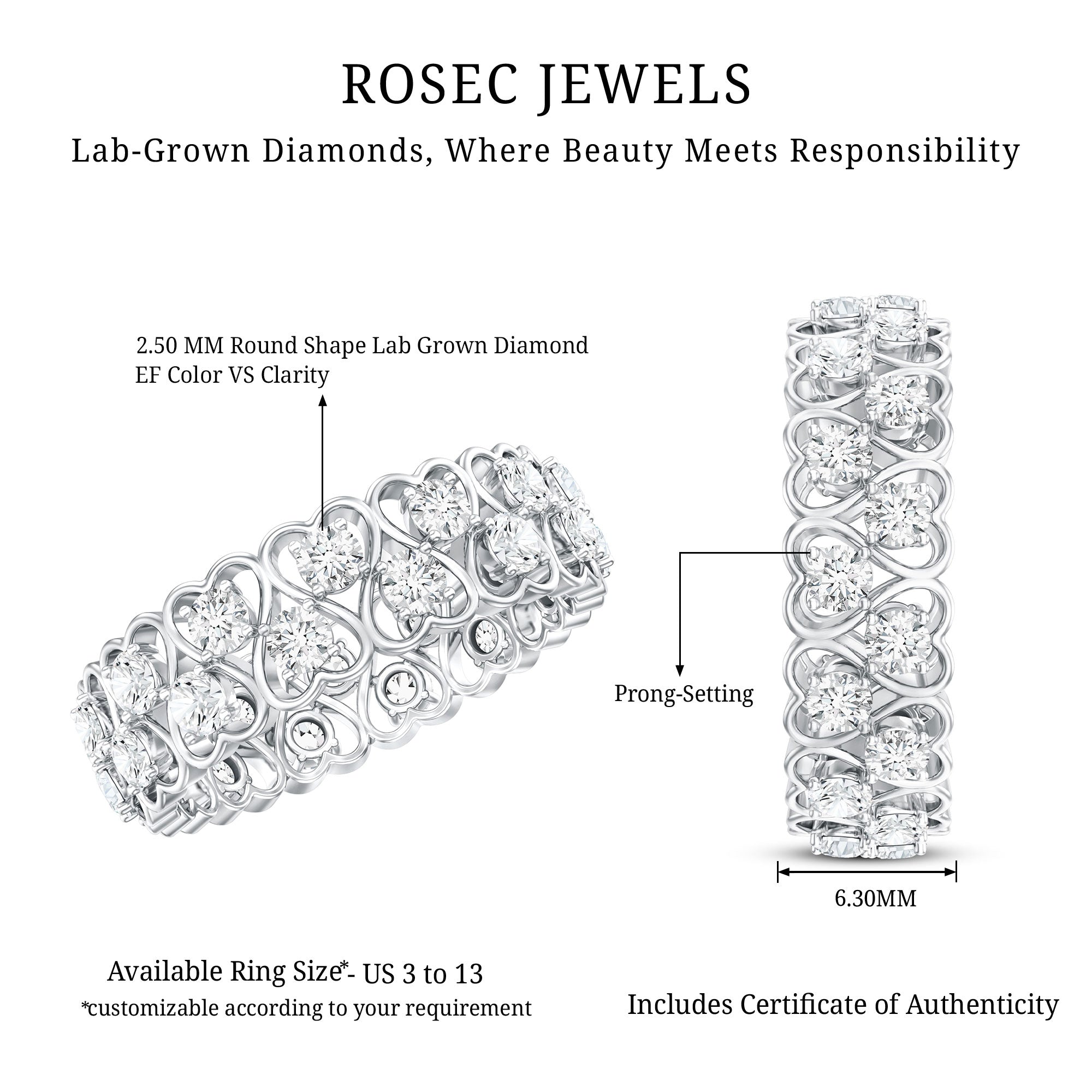 Certified Lab Grown Diamond Heart Eternity Band Ring Lab - ( EF-VS ) - Rosec Jewels