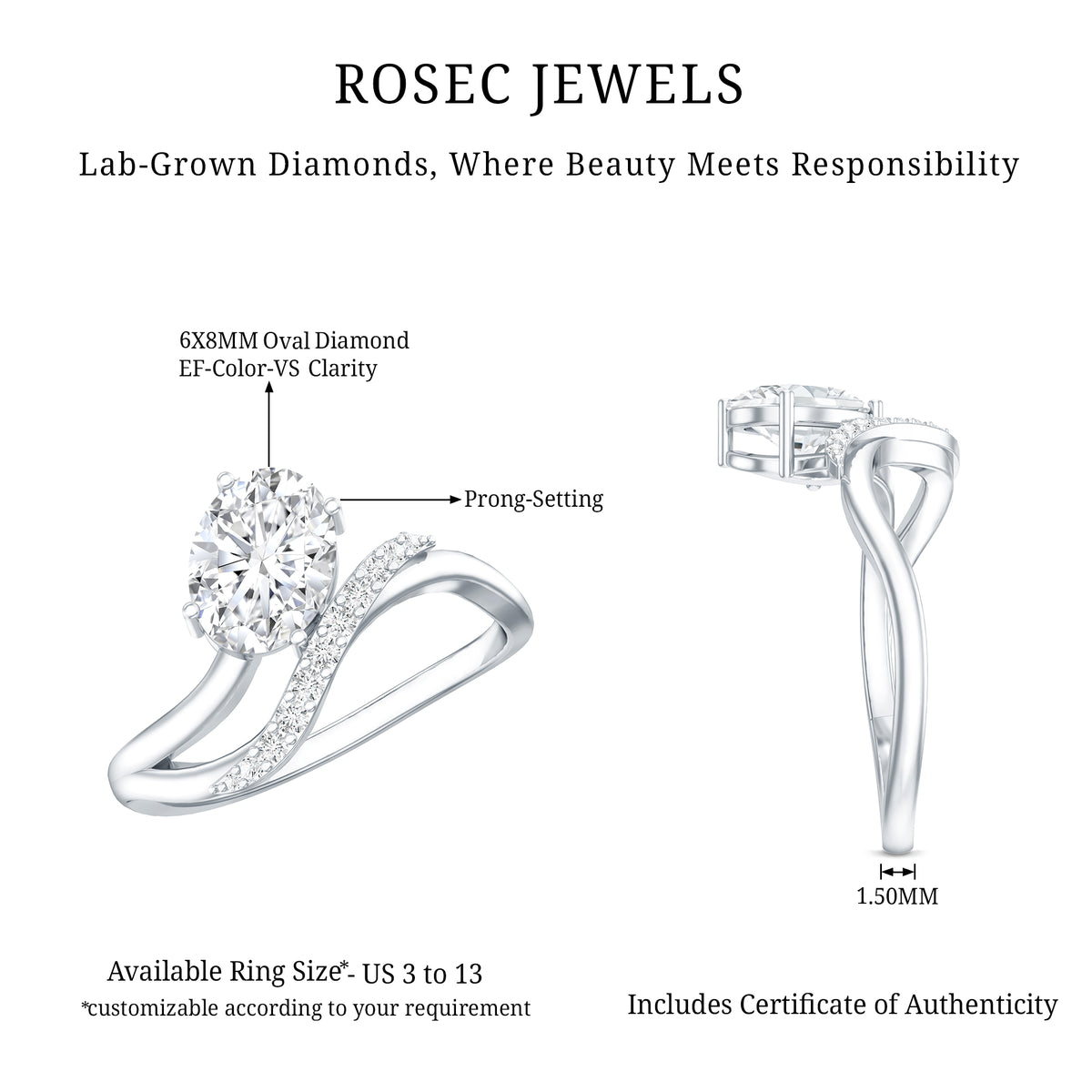 IGI Certified 1 Carat Lab Grown Diamond Oval Engagement Ring For Women Lab - ( E-VS1 ) - Rosec Jewels