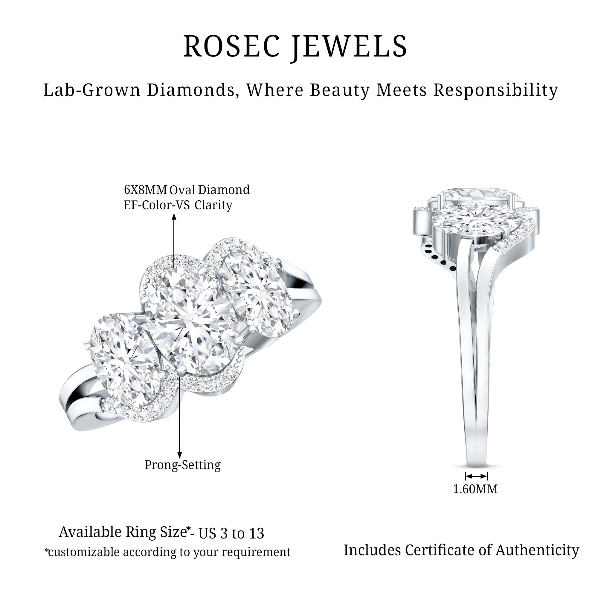 Certified Oval Lab Grown Diamond Three Stone Engagement Ring Lab - ( EF-VS ) - Rosec Jewels