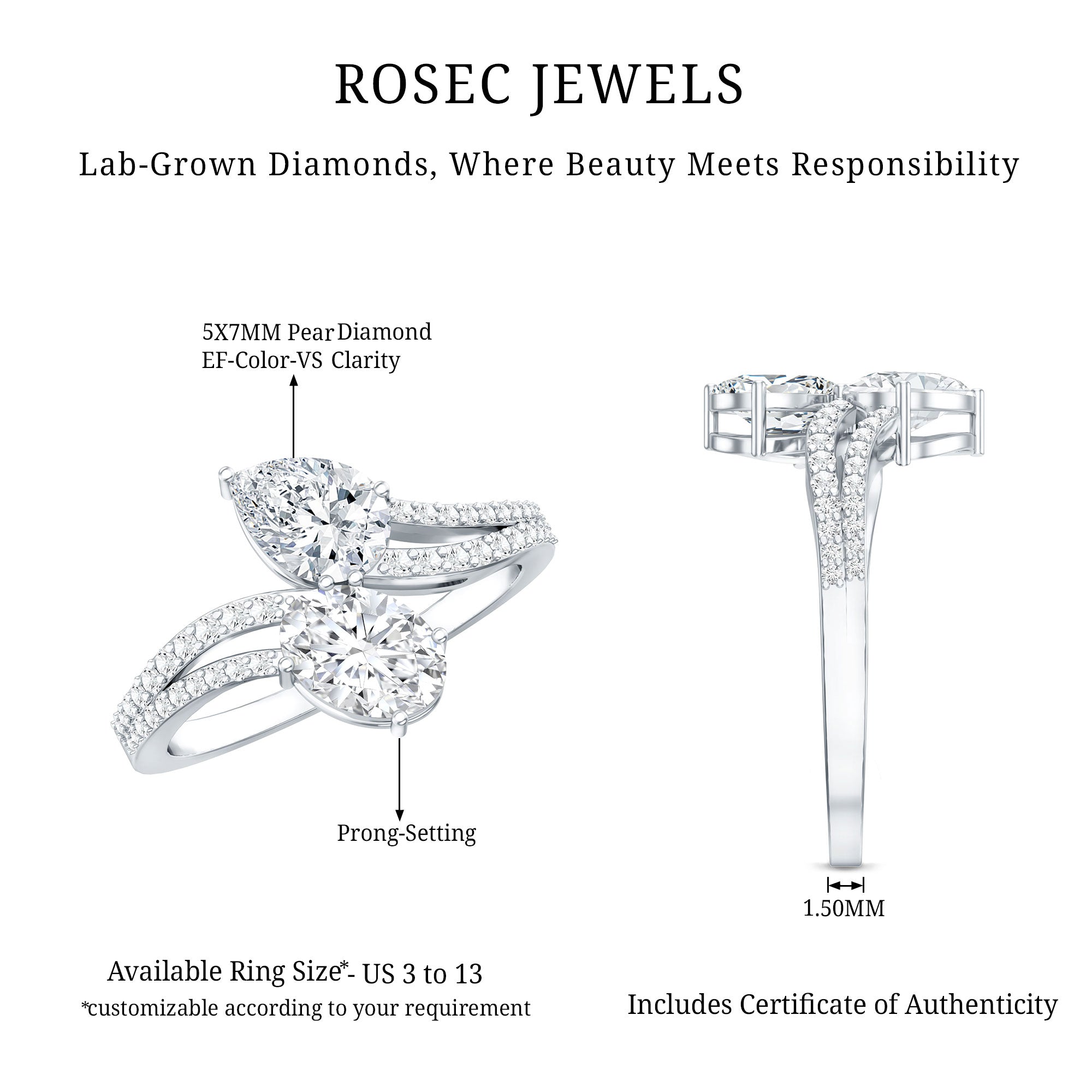 Certified Lab Grown Diamond Toi Et Moi Engagement Ring Lab - ( EF-VS ) - Rosec Jewels