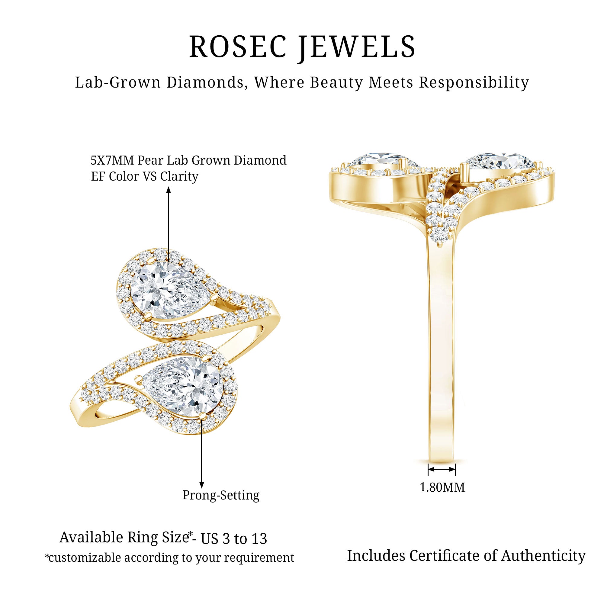 Certified Lab Diamond Toi Et Moi Designer Engagement Ring Lab - ( EF-VS ) - Rosec Jewels