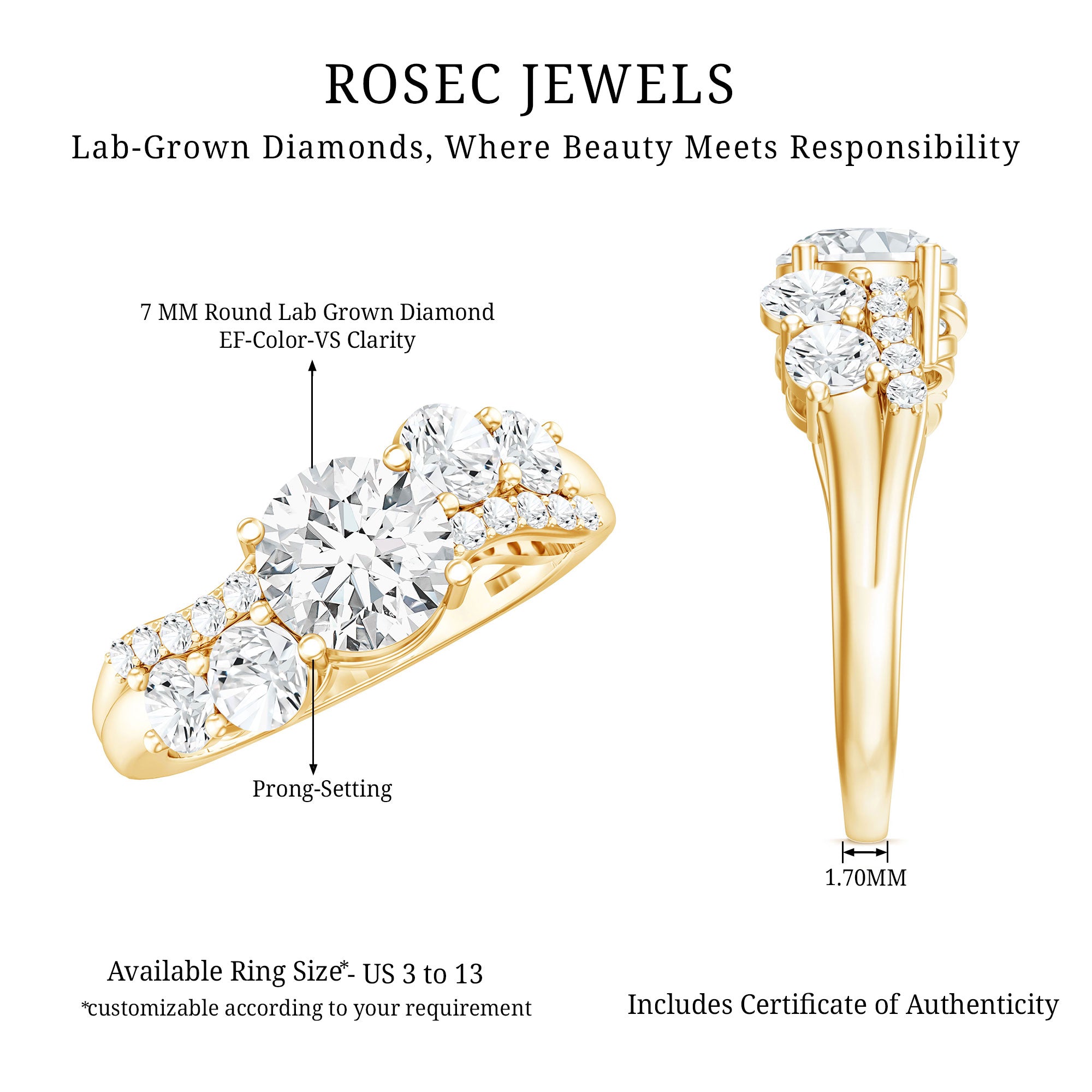 Rosec Jewels-Certified Lab 7 MM Round Diamond Designer Engagement Ring