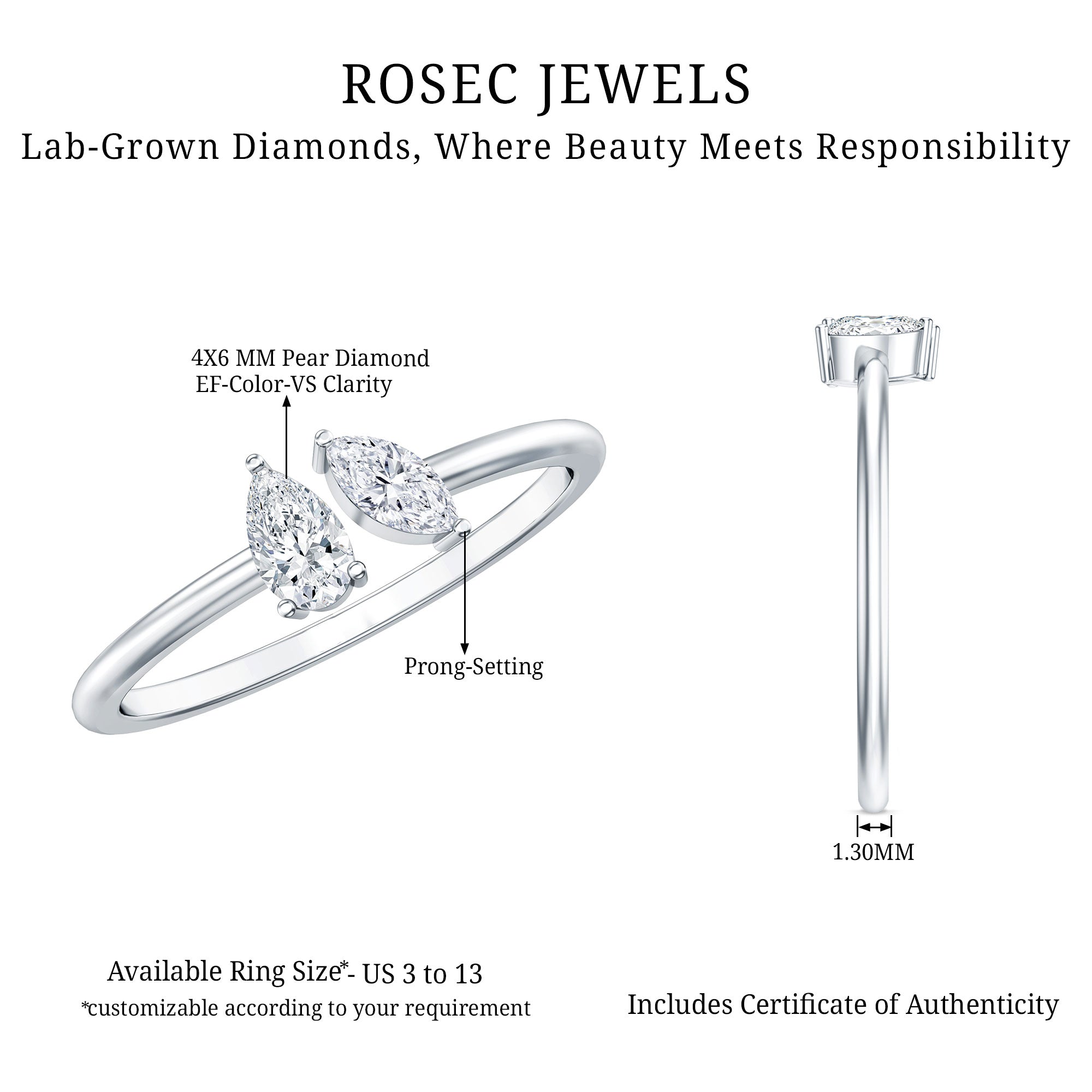 Certified Lab Grown Diamond Two Stone Promise Ring Lab - ( EF-VS ) - Rosec Jewels