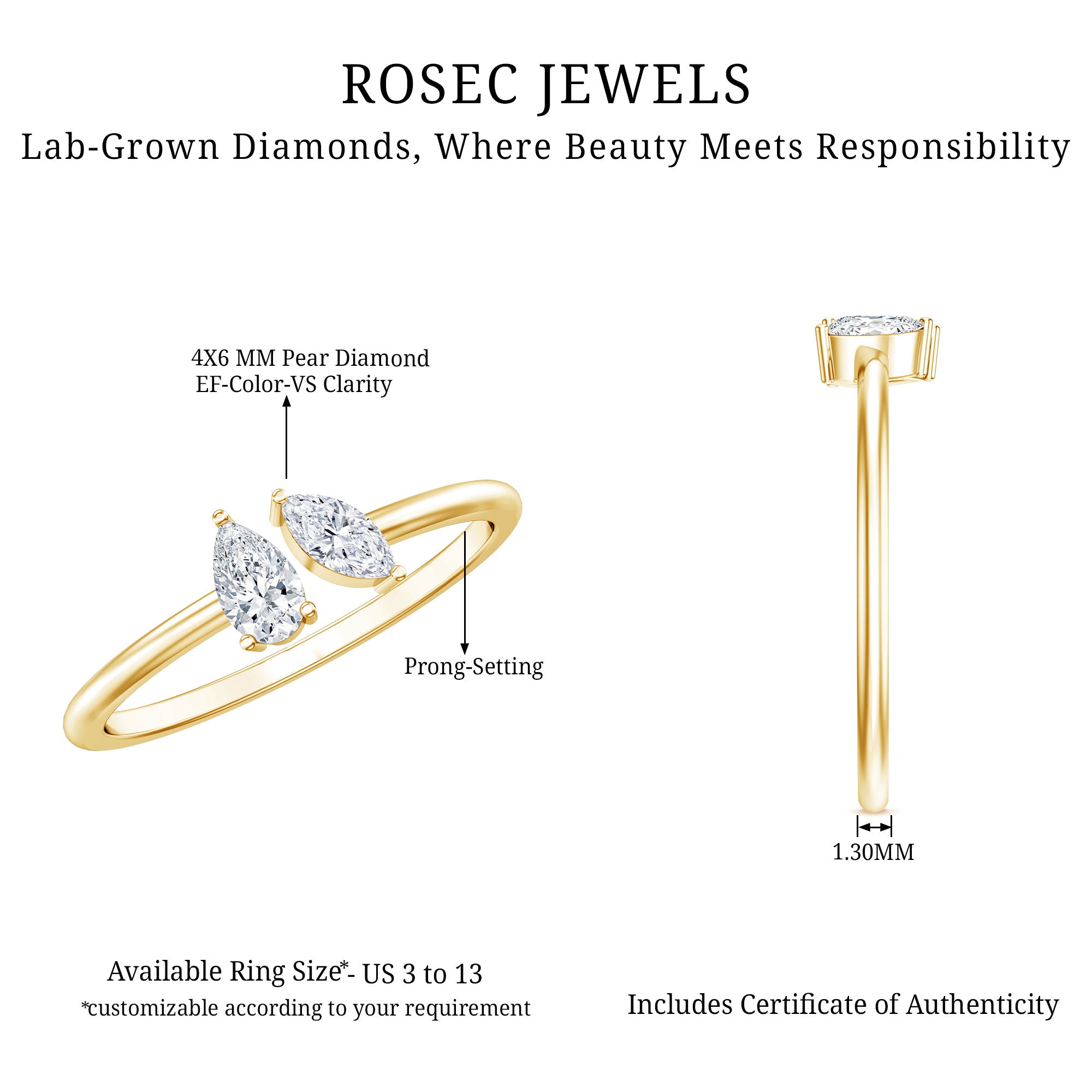 Certified Lab Grown Diamond Two Stone Promise Ring Lab - ( EF-VS ) - Rosec Jewels