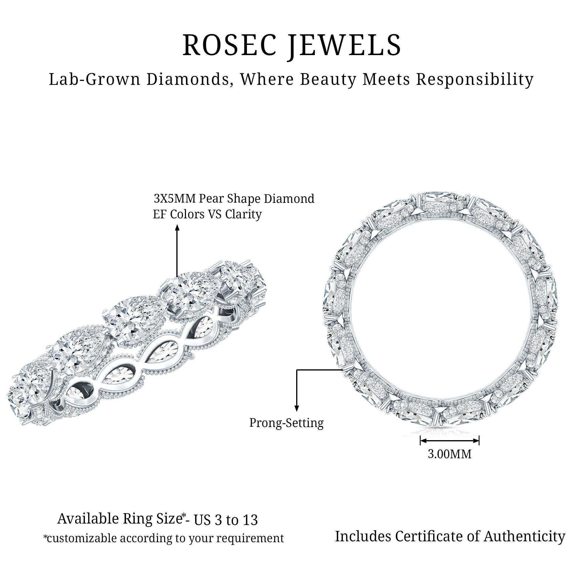 Certified Pear Shape Lab Grown Diamond Eternity Ring Lab - ( EF-VS ) - Rosec Jewels