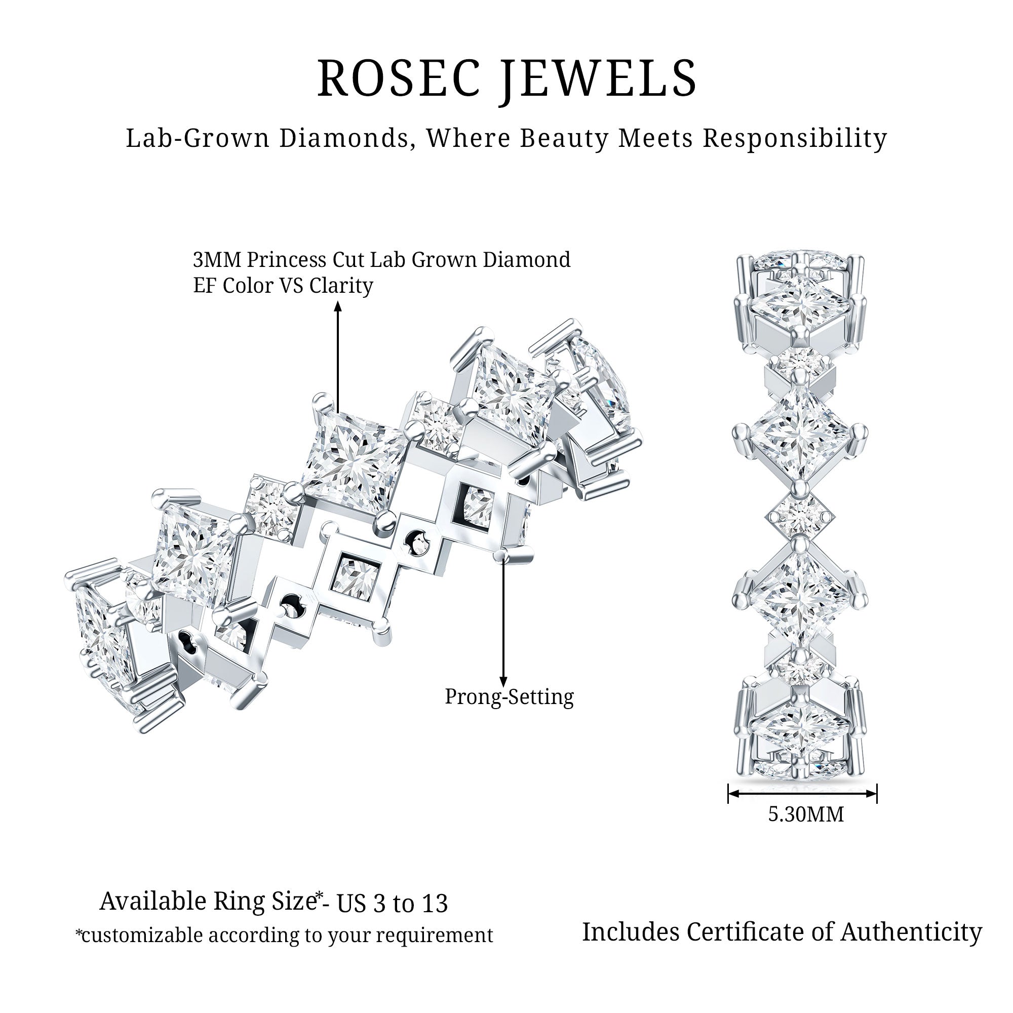 Certified Princess Cut Lab Grown Diamond Eternity Wedding Ring Lab - ( EF-VS ) - Rosec Jewels