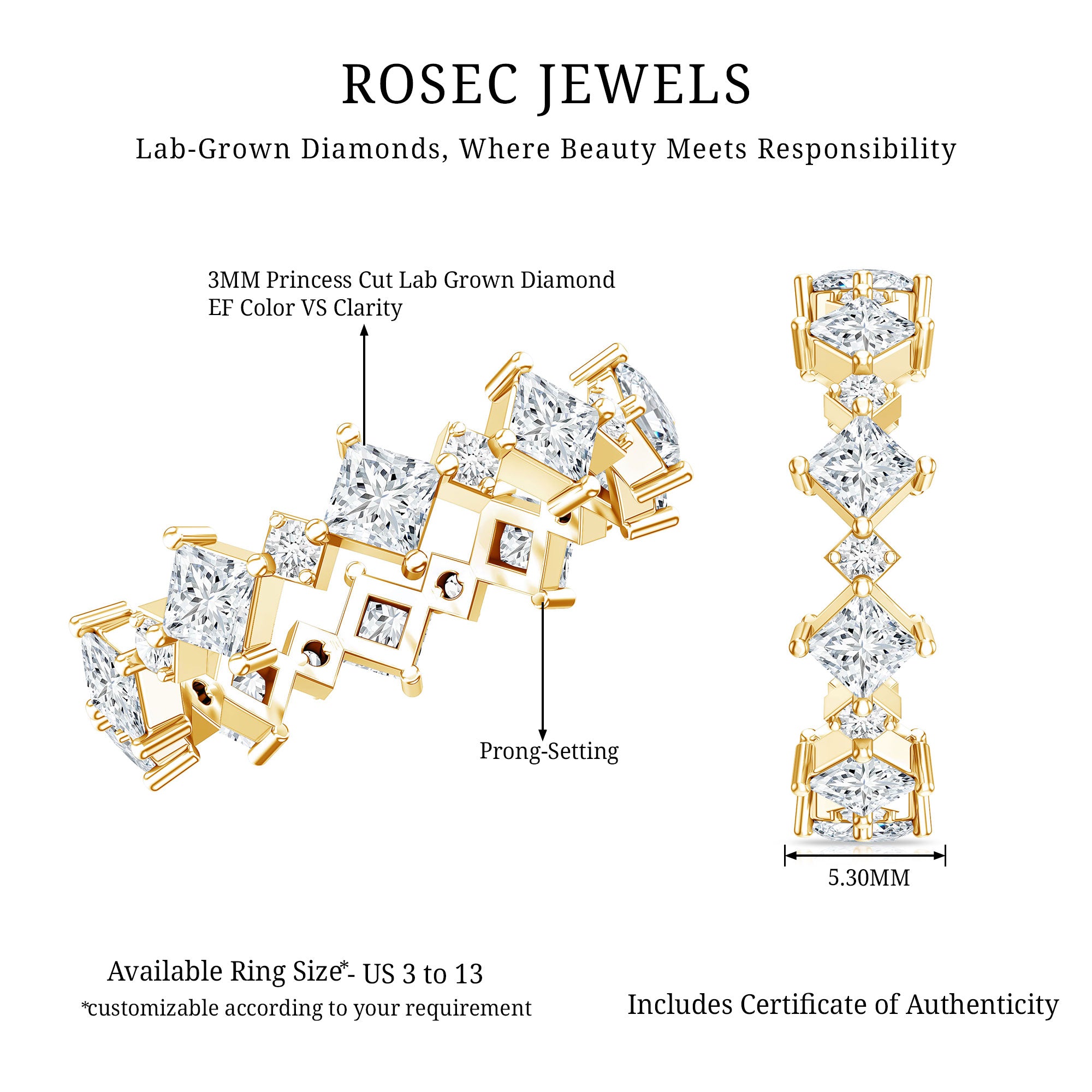 Certified Princess Cut Lab Grown Diamond Eternity Wedding Ring Lab - ( EF-VS ) - Rosec Jewels