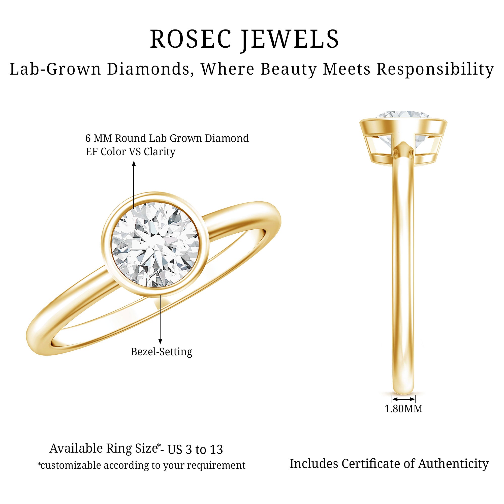 IGI Certified 1 CT Lab Grown Diamond Ring in Bezel Setting Lab - ( E-VS1 ) - Rosec Jewels