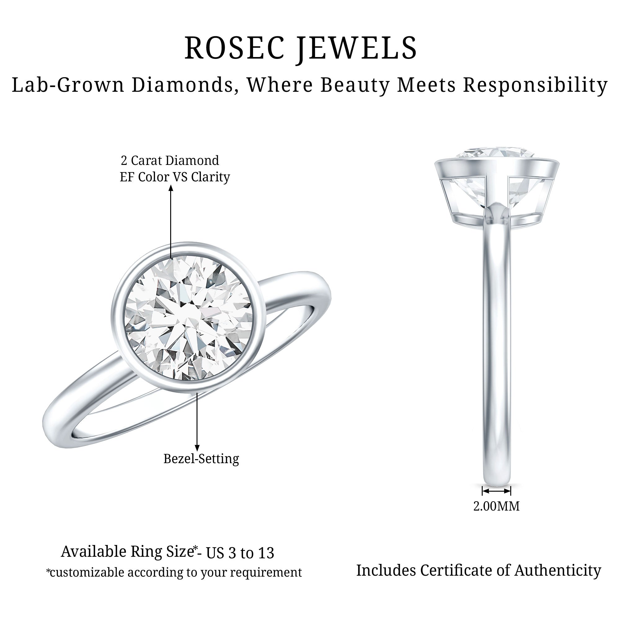 2 CT IGI Certified Lab Grown Diamond Solitaire Engagement Ring Lab - ( E-VS1 ) - Rosec Jewels