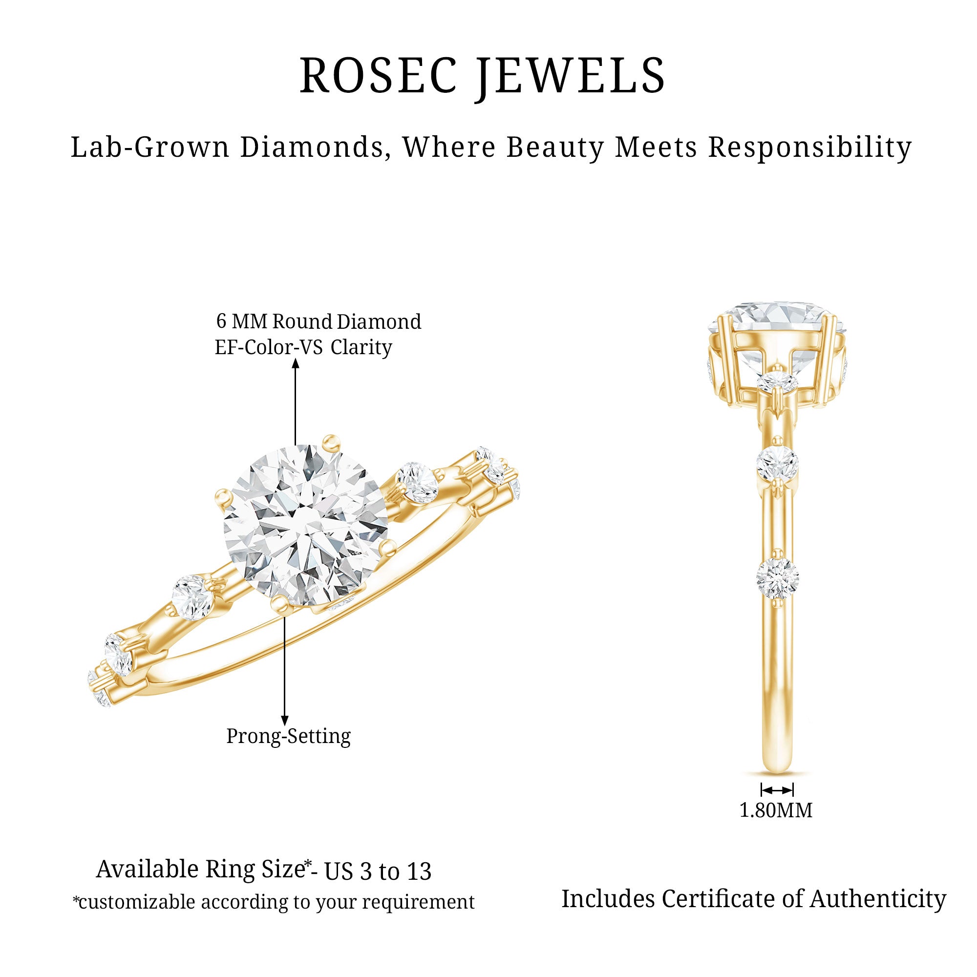 Rosec Jewels-IGI Certified 1 Carat Lab Created Diamond Engagement Ring