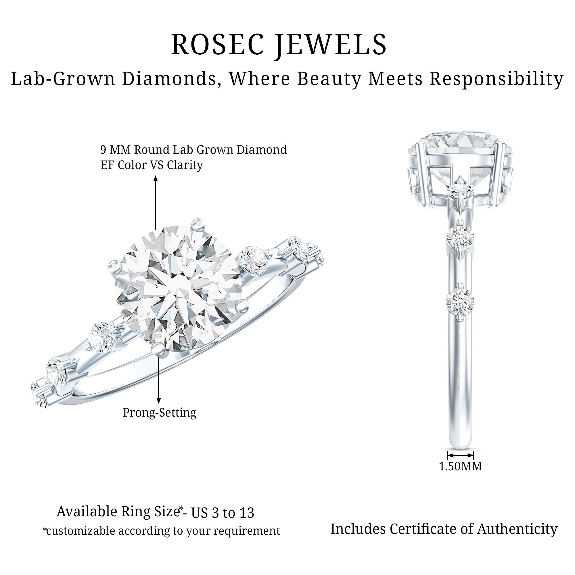 3 CT Lab Grown Diamond Engagement Ring with IGI Certificate Lab - ( E-VS1 ) - Rosec Jewels