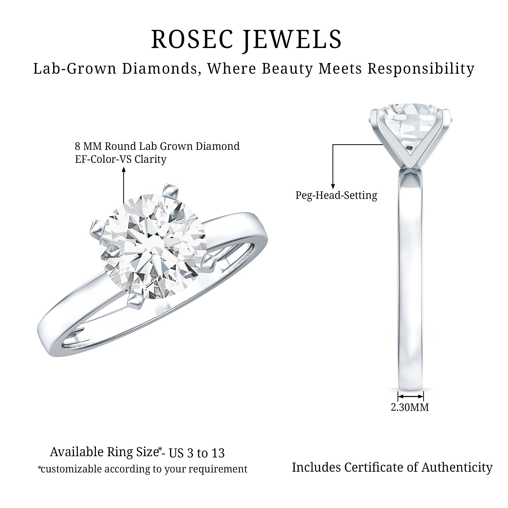 IGI Certified Lab Grown Round Diamond Solitaire Engagement Ring Lab - ( E-VS1 ) - Rosec Jewels