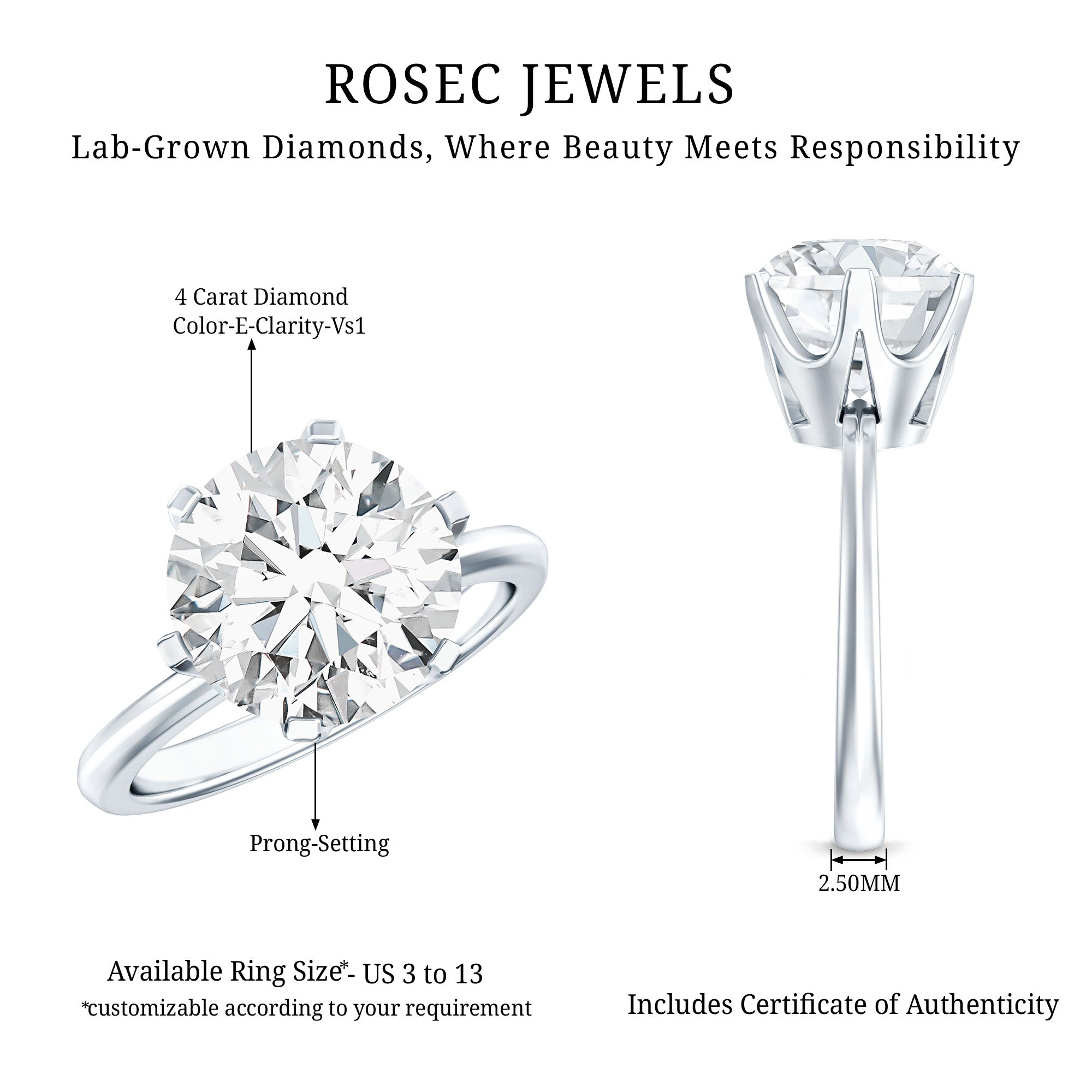 4 Carat Lab Created Diamond Solitaire Engagement Ring with IGI Certificate Lab - ( E-VS1 ) - Rosec Jewels