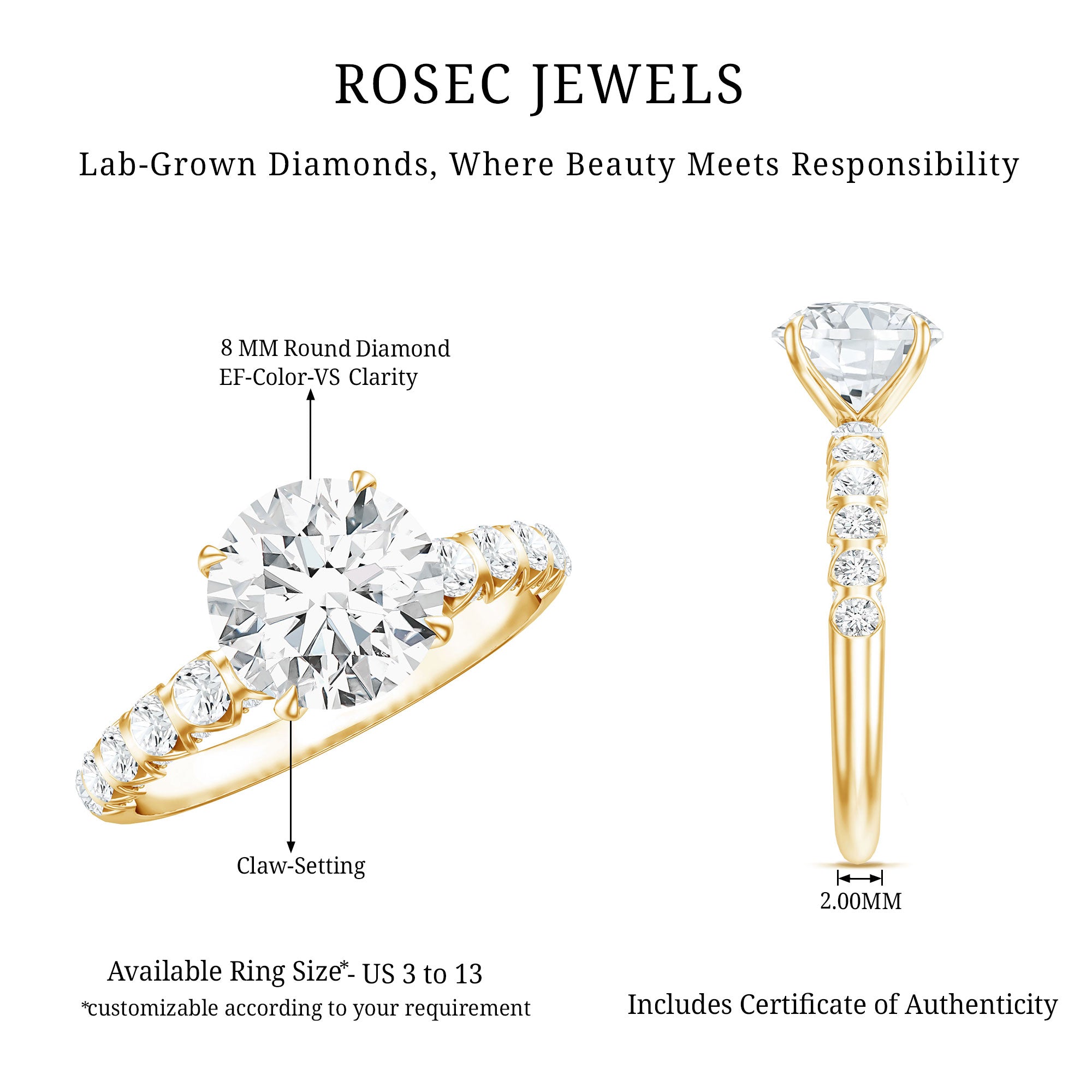 Rosec Jewels-2 Carat Lab Grown Diamond Round Engagement Ring with IGI Certificate