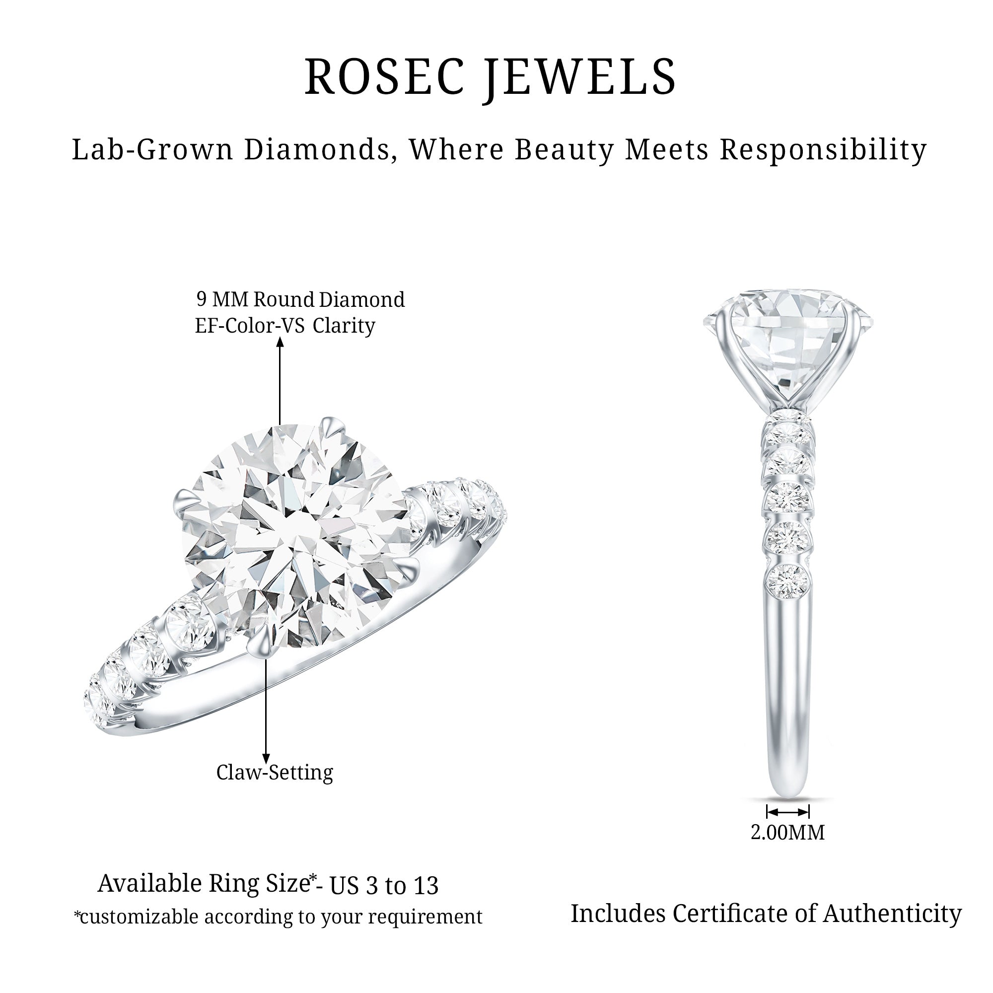 Round Cut 3 Carat Lab Grown Diamond Engagement Ring with IGI Certificate Lab - ( E-VS1 ) - Rosec Jewels