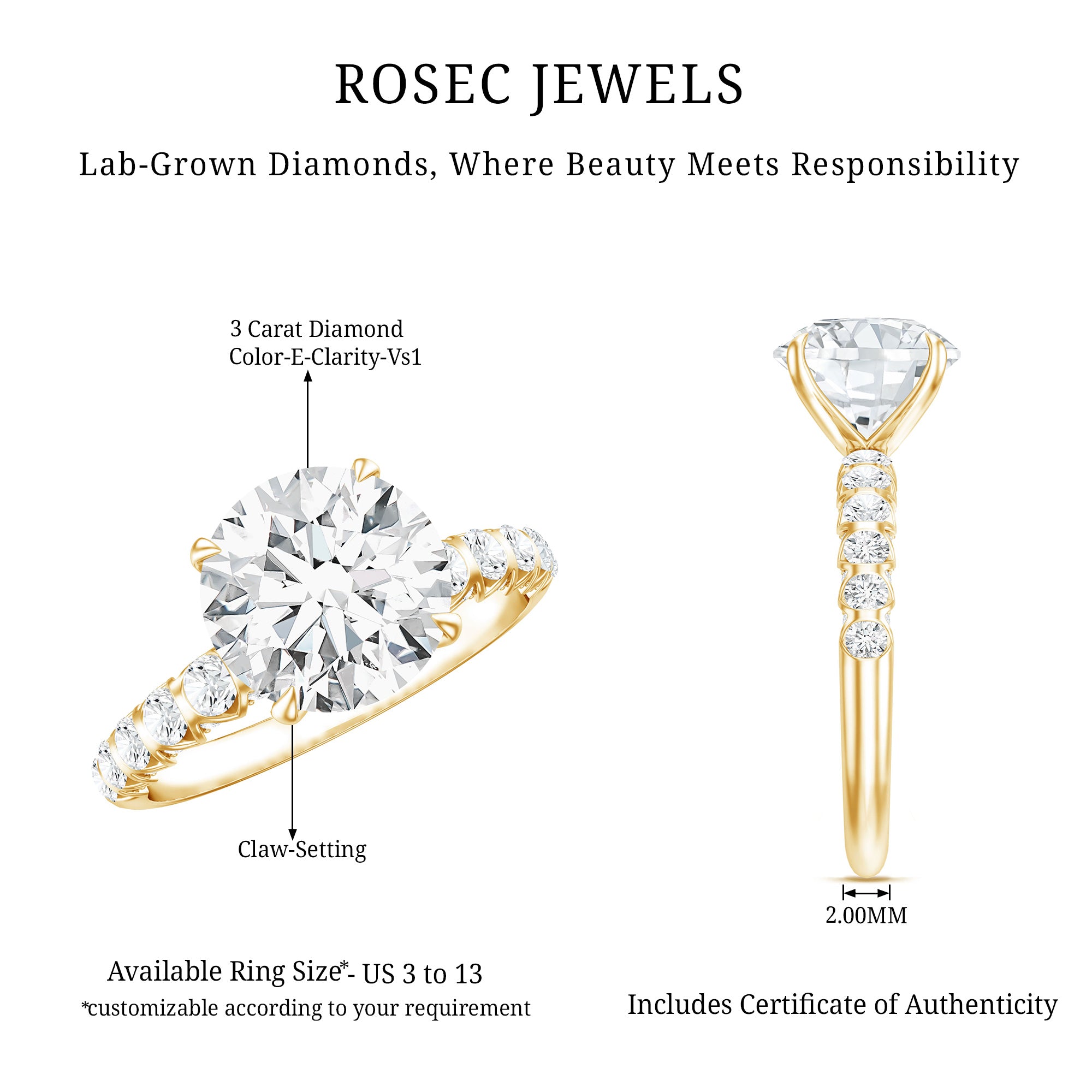 Round Cut 3 Carat Lab Grown Diamond Engagement Ring with IGI Certificate Lab - ( E-VS1 ) - Rosec Jewels