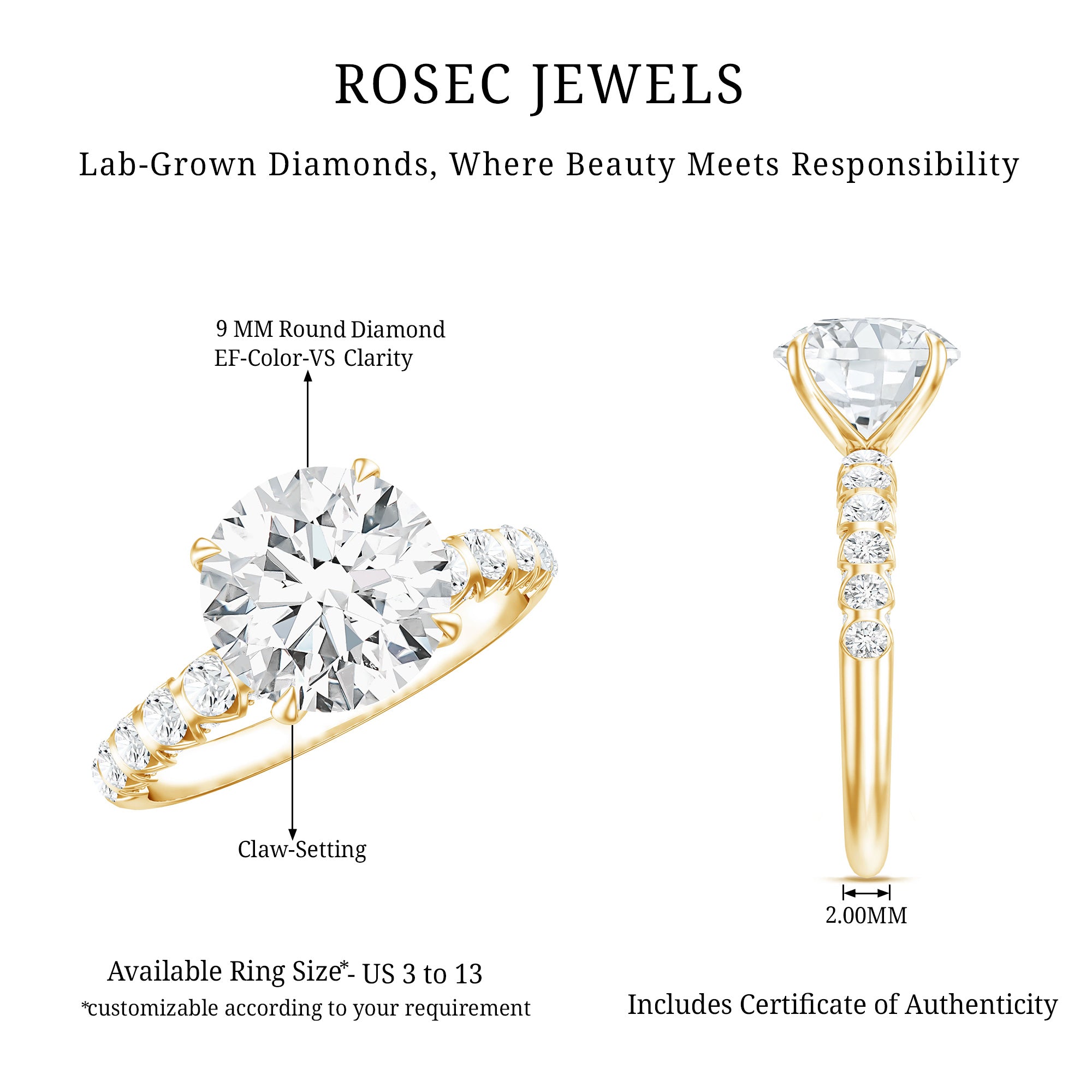 Rosec Jewels-Round Cut 3 Carat Lab Grown Diamond Engagement Ring with IGI Certificate
