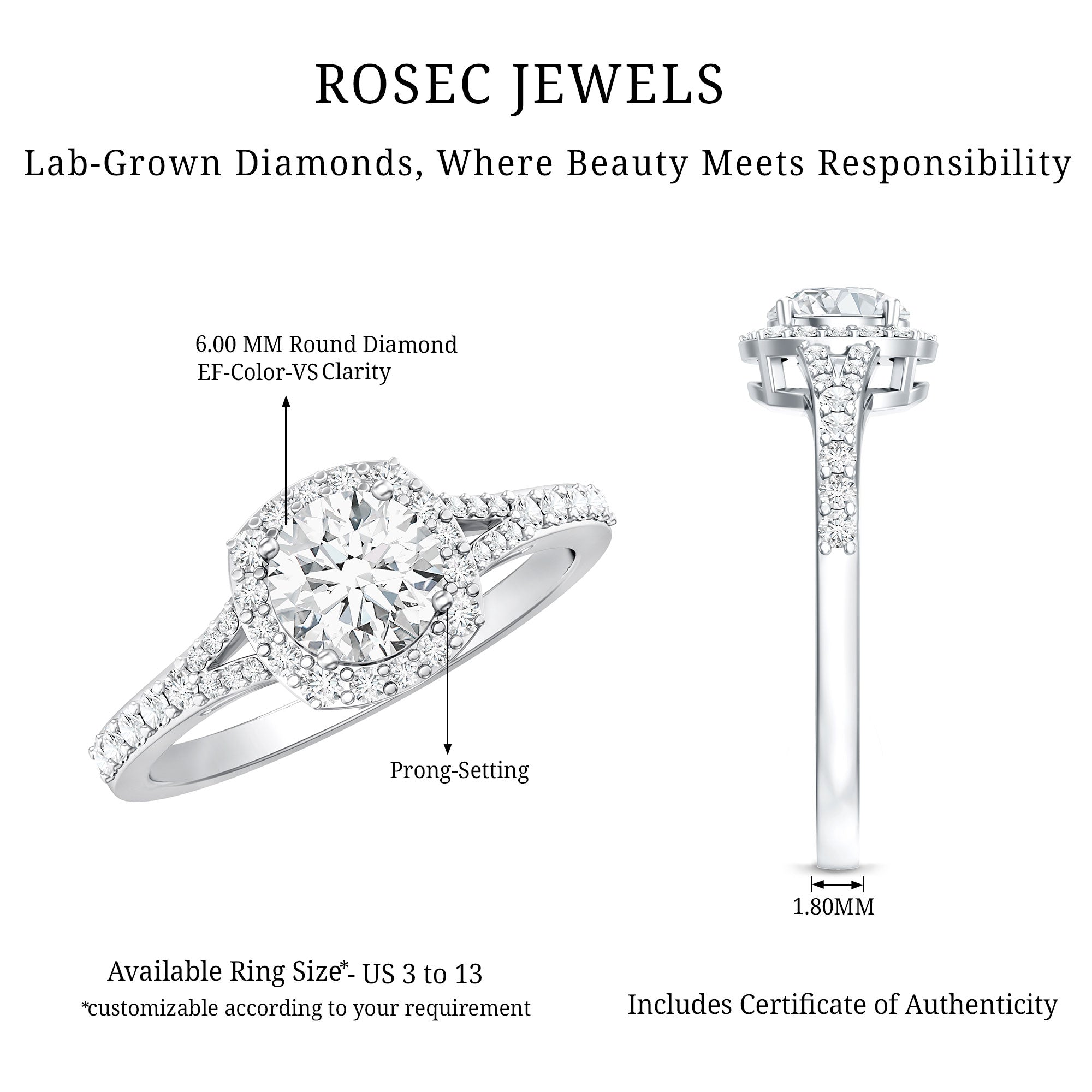IGI Certified 1 Carat Lab Grown Diamond Halo Engagement Ring for Women Lab - ( EF-VS ) - Rosec Jewels