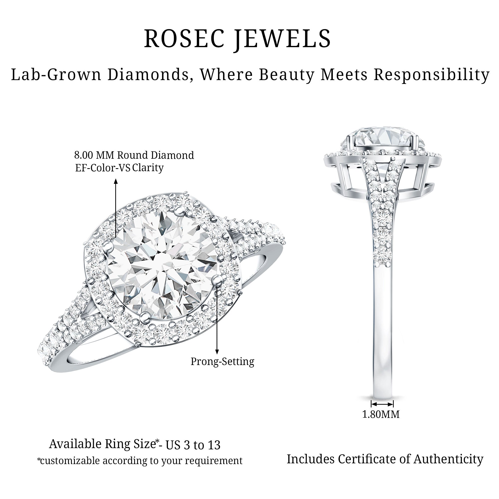Rosec Jewels-IGI Certified 2 Carat Round Lab Grown Diamond Statement Engagement Ring