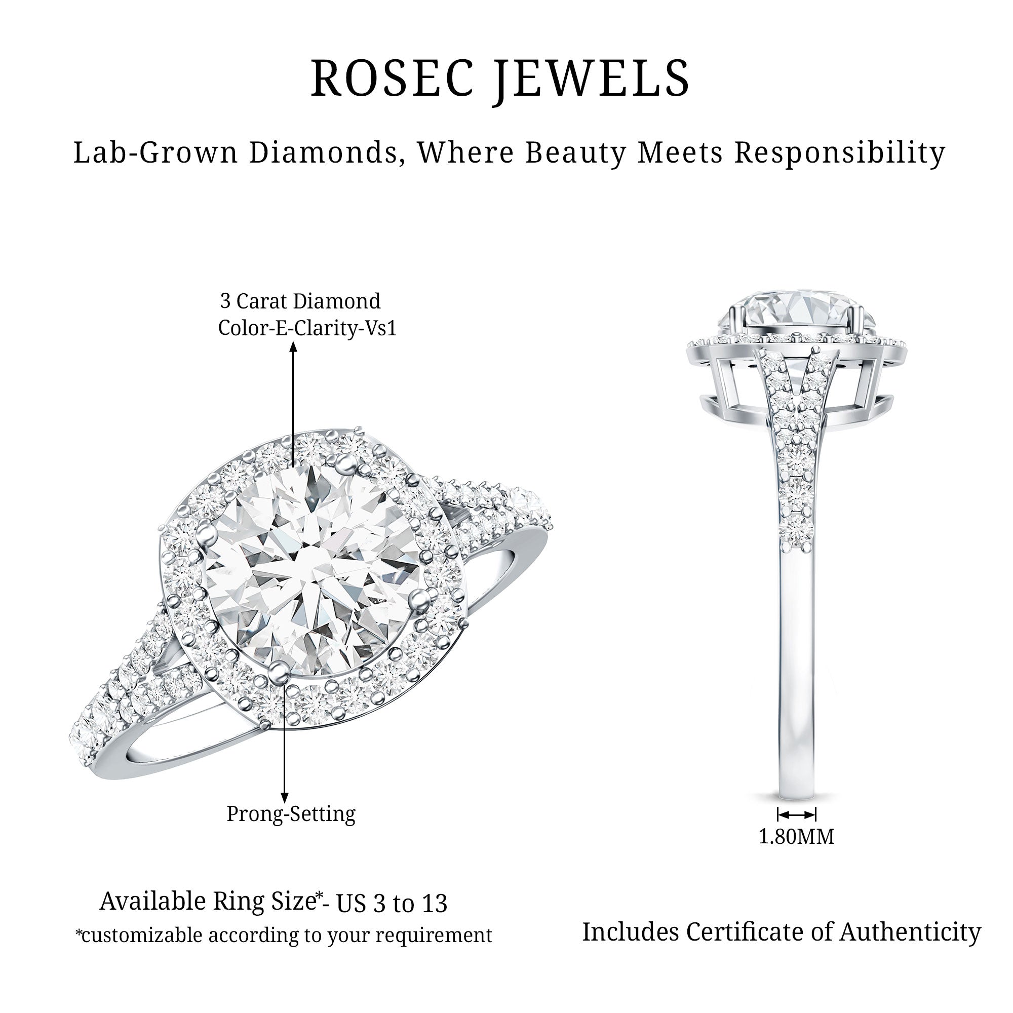 3 Carat Lab Grown Diamond Split Shank Engagement Ring with IGI Certificate Lab - ( E-VS1 ) - Rosec Jewels