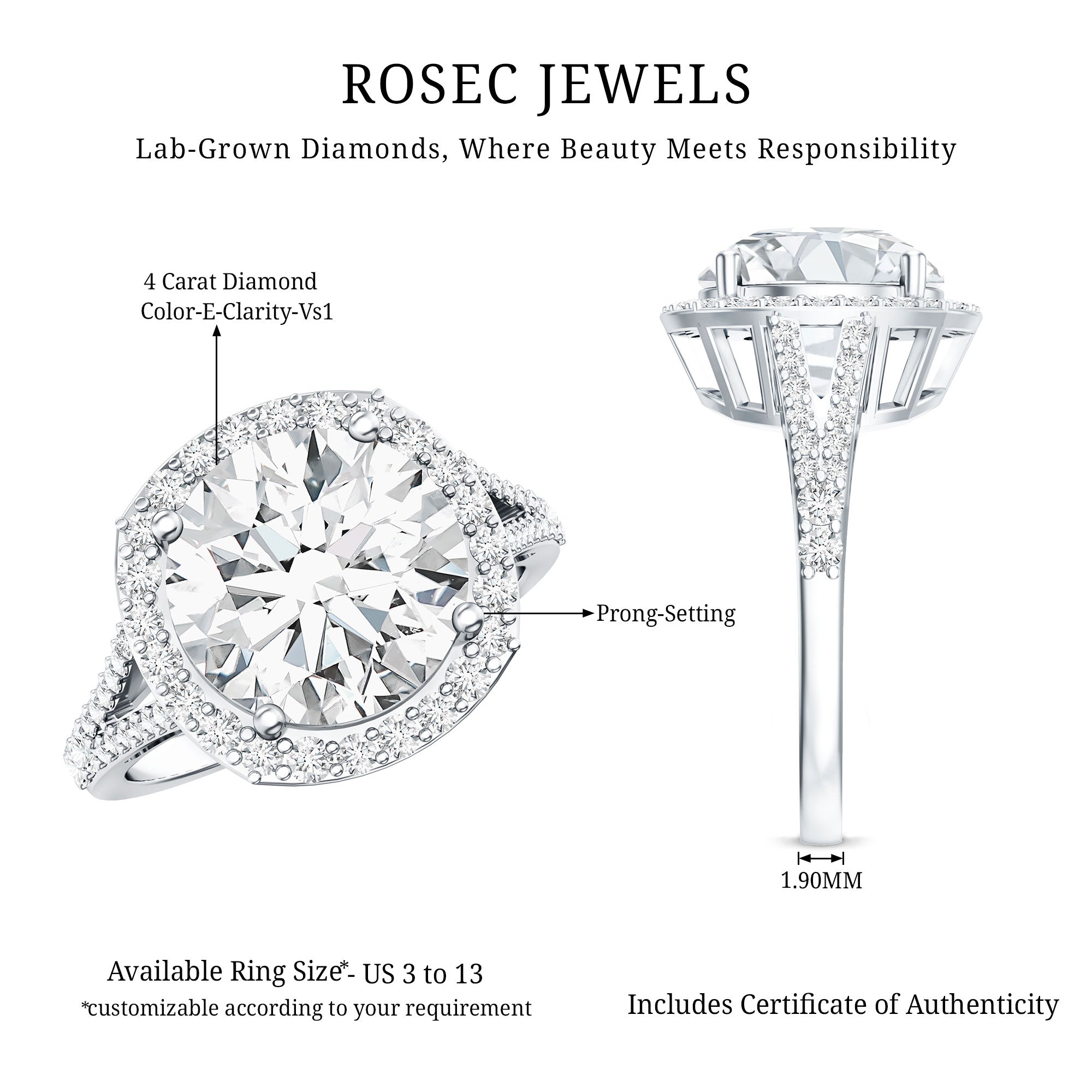 IGI Certified Lab Grown Diamond Statement Engagement Ring with Split Shank Lab - ( E-VS1 ) - Rosec Jewels