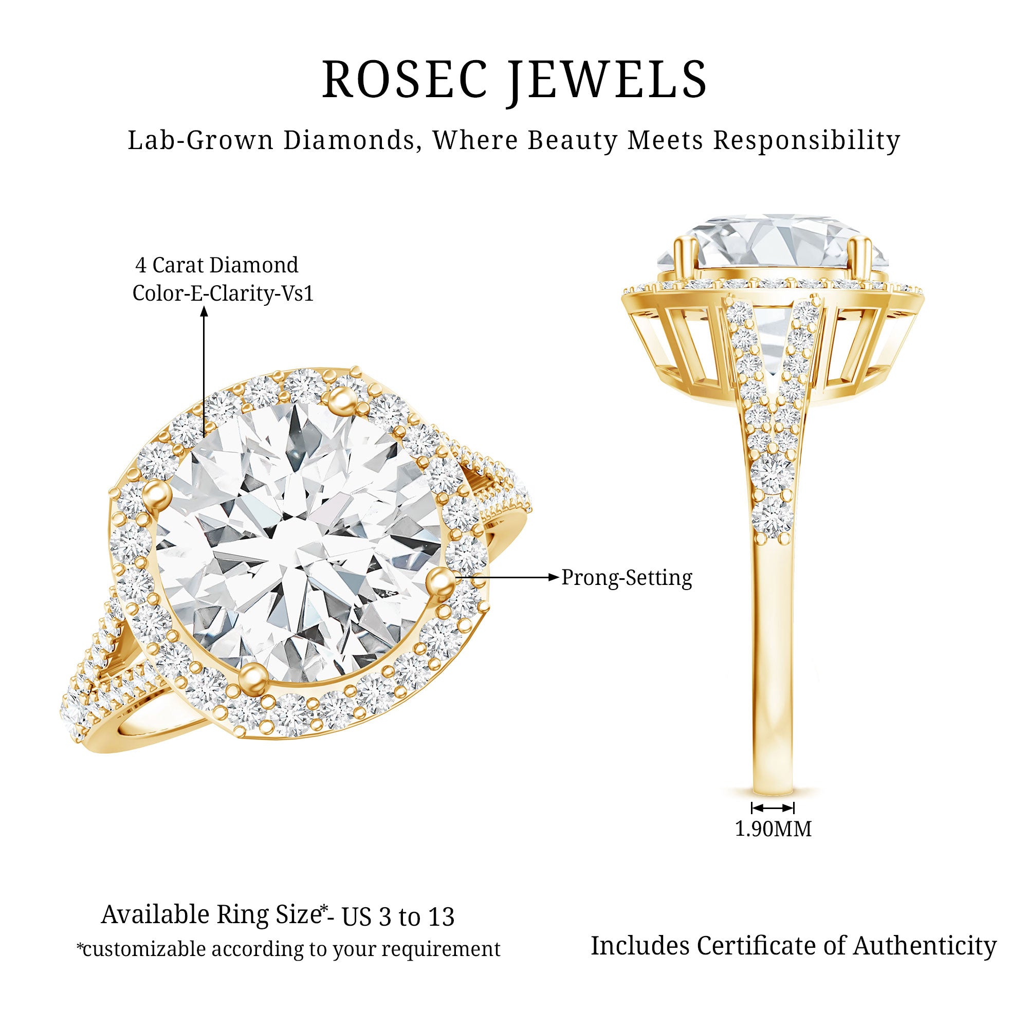 IGI Certified Lab Grown Diamond Statement Engagement Ring with Split Shank Lab - ( E-VS1 ) - Rosec Jewels