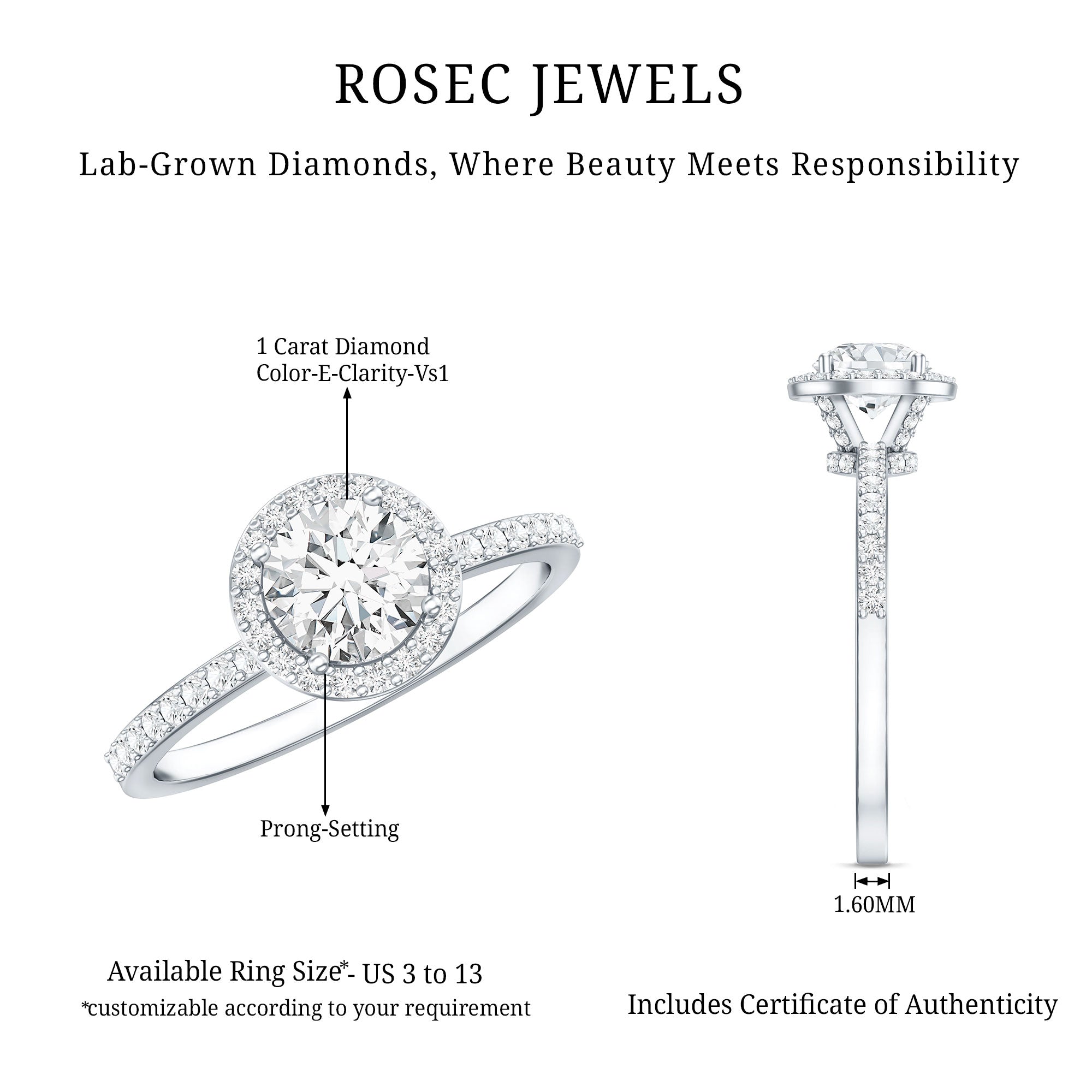 IGI Certified 1 CT Lab Grown Diamond Round Engagement Ring Lab - ( E-VS1 ) - Rosec Jewels